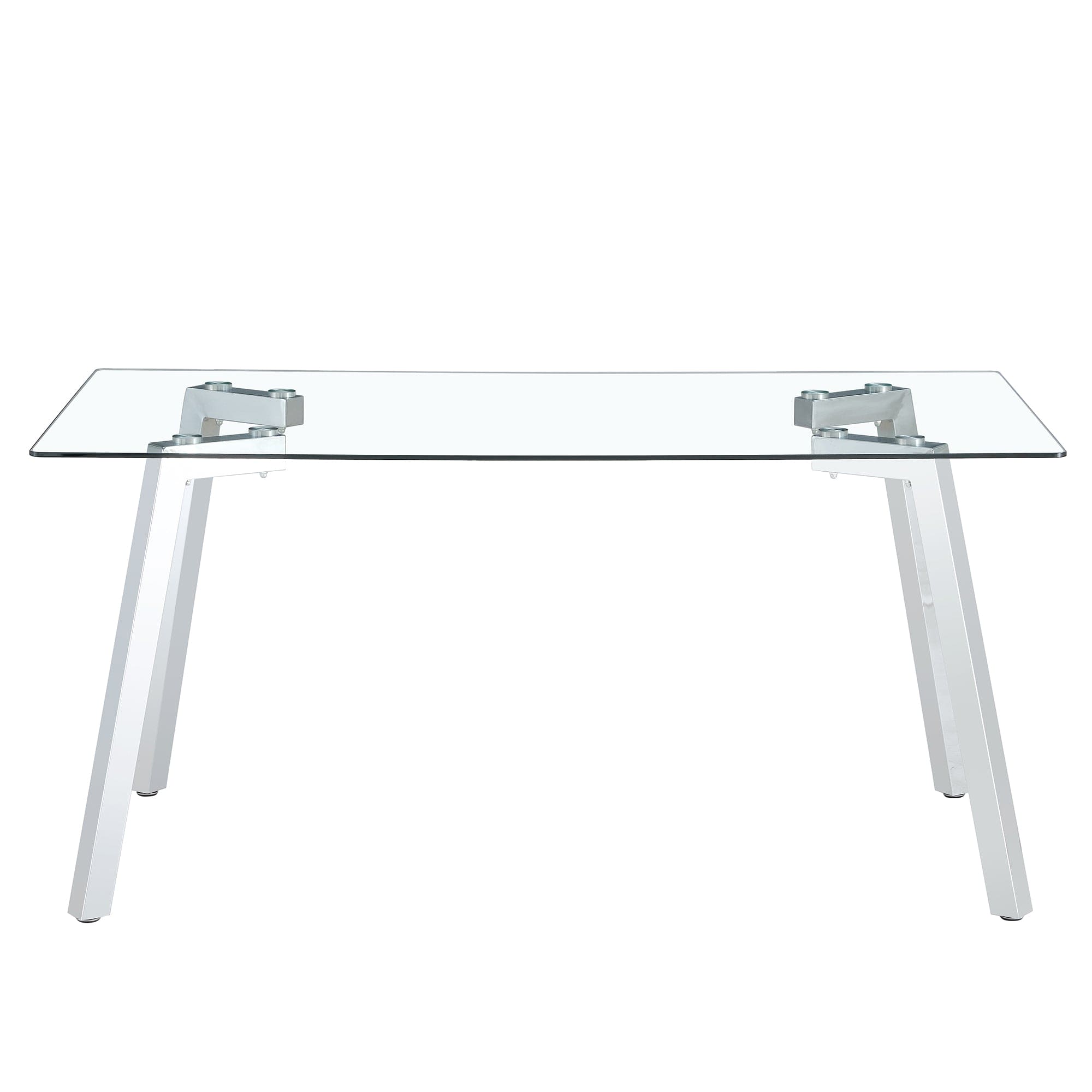 A modern minimalist rectangular glass dining table with tempered glass tabletop and silver metal legs, suitable for kitchens, restaurants, and living rooms,63"*35.4"*30"