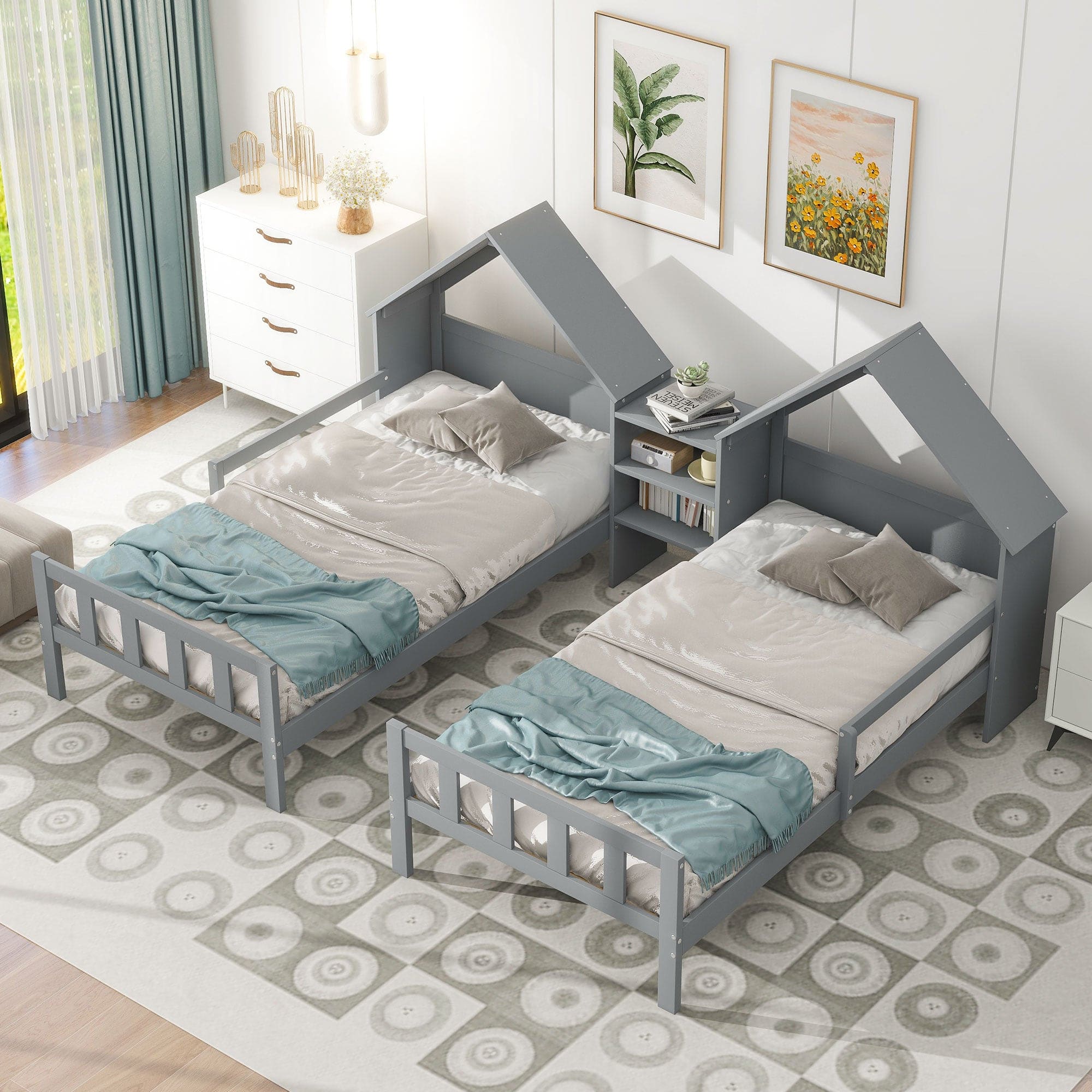 Double Twin Size Platform Bed with House-shaped Headboard and a Built-in Nightstand, Grey