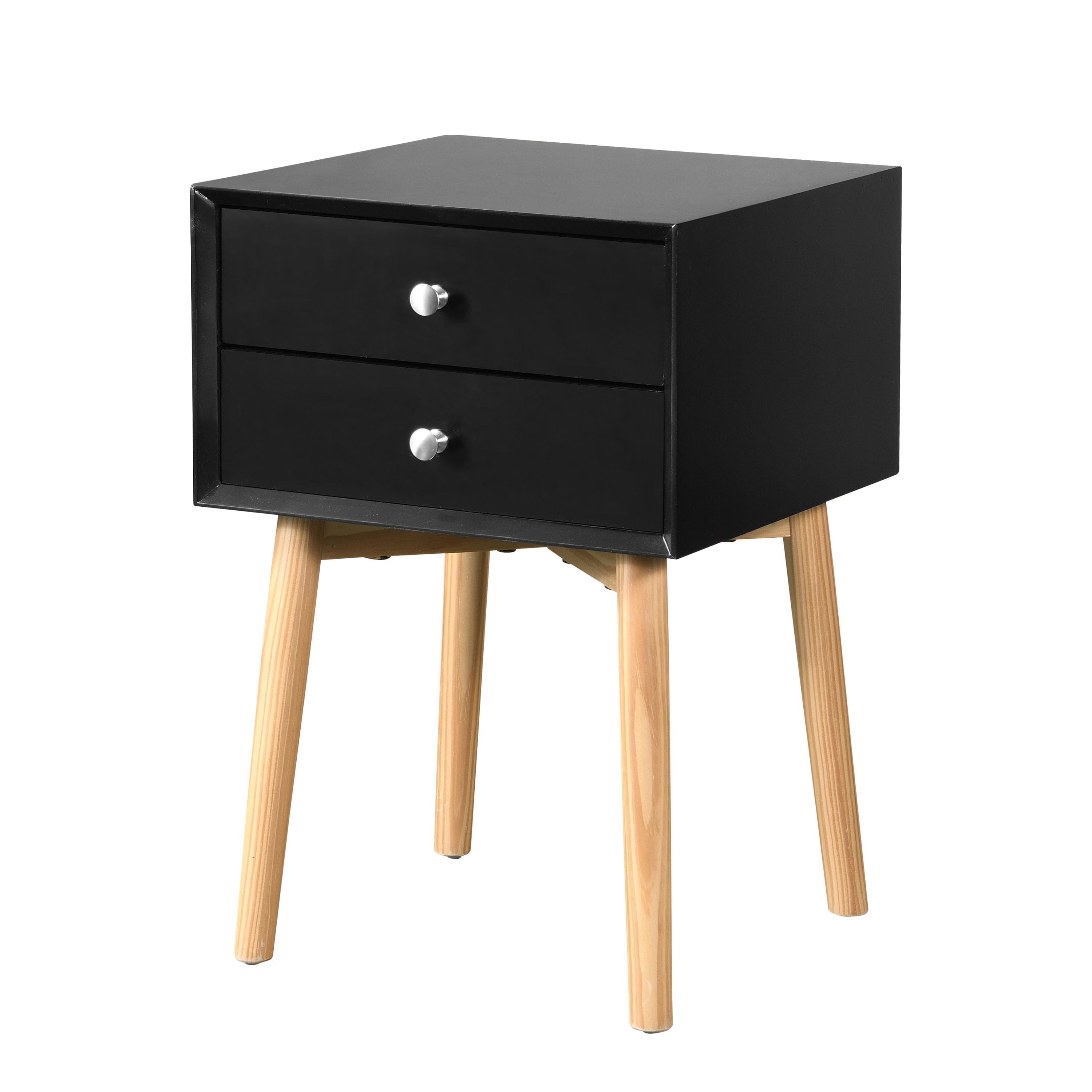 ZFZTIMBER Side Table,Bedside Table with 2 Drawers and Rubber Wood Legs, Mid-Century Modern Storage Cabinet for Bedroom Living Room, Black