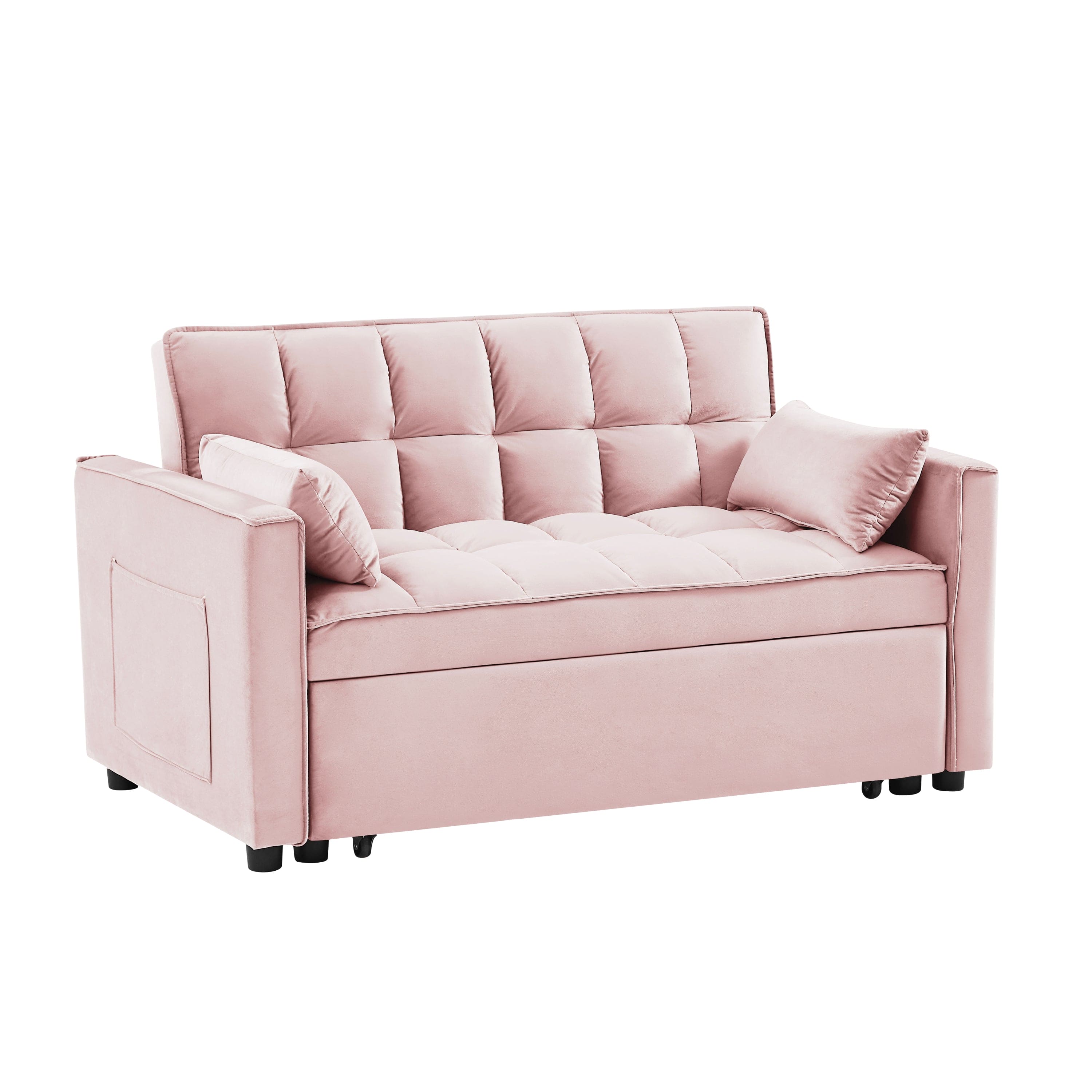 Modern Velvet Loveseat Futon Sofa Couch w/Pullout Bed, Small Love Seat Lounge Sofa w/Reclining Backrest, Toss Pillows, Pockets, Furniture for Living Room,3 in 1 Convertible Sleeper Sofa Bed,  pink