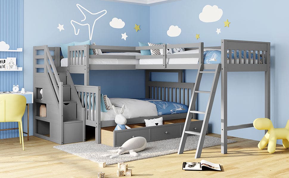 Twin over Full L-Shaped Bunk Bed With 3 Drawers, Ladder and Staircase - Gray