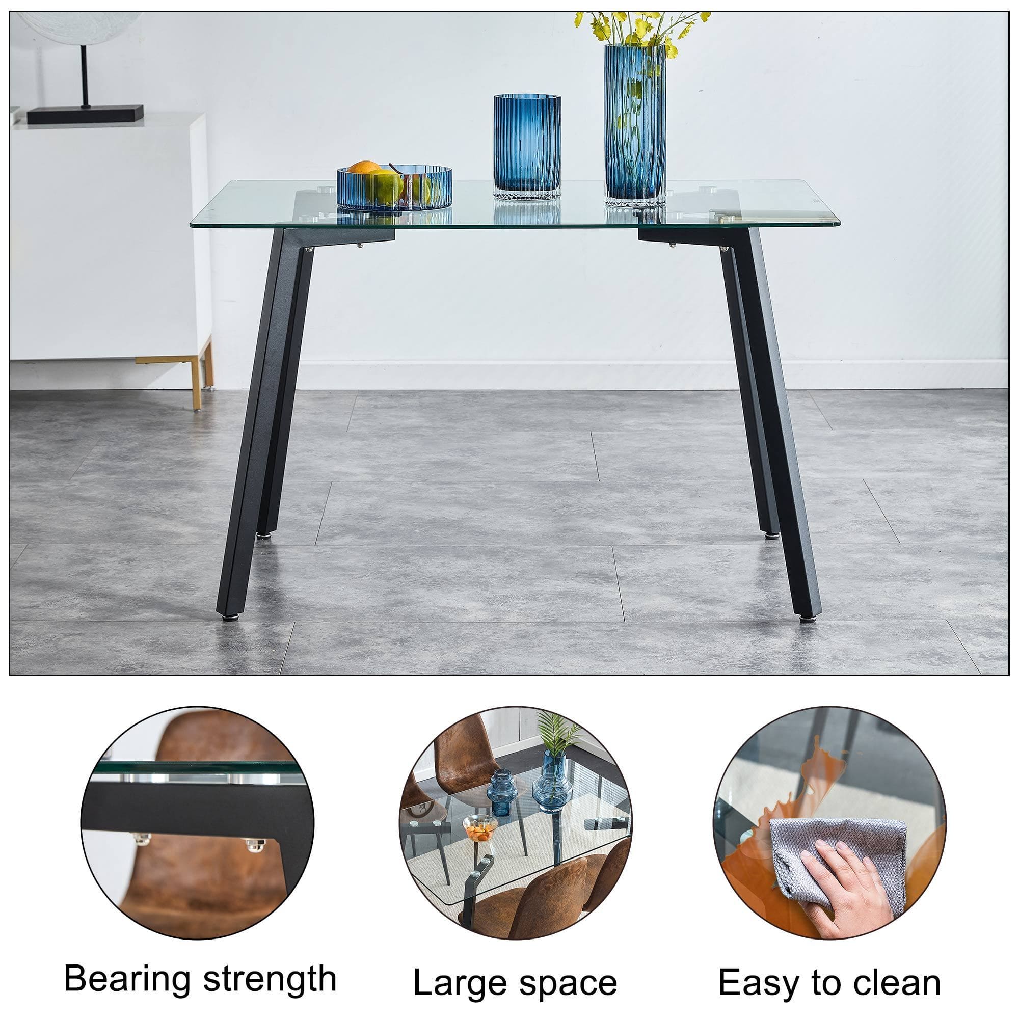 Modern Minimalist Rectangular Glass Dining Table for 4-6 with 0.31" Tempered Glass Tabletop and Black Coating Metal Legs, Writing Table Desk, for Kitchen Dining Living Room, 51" W x 31"D x 30" H 1123