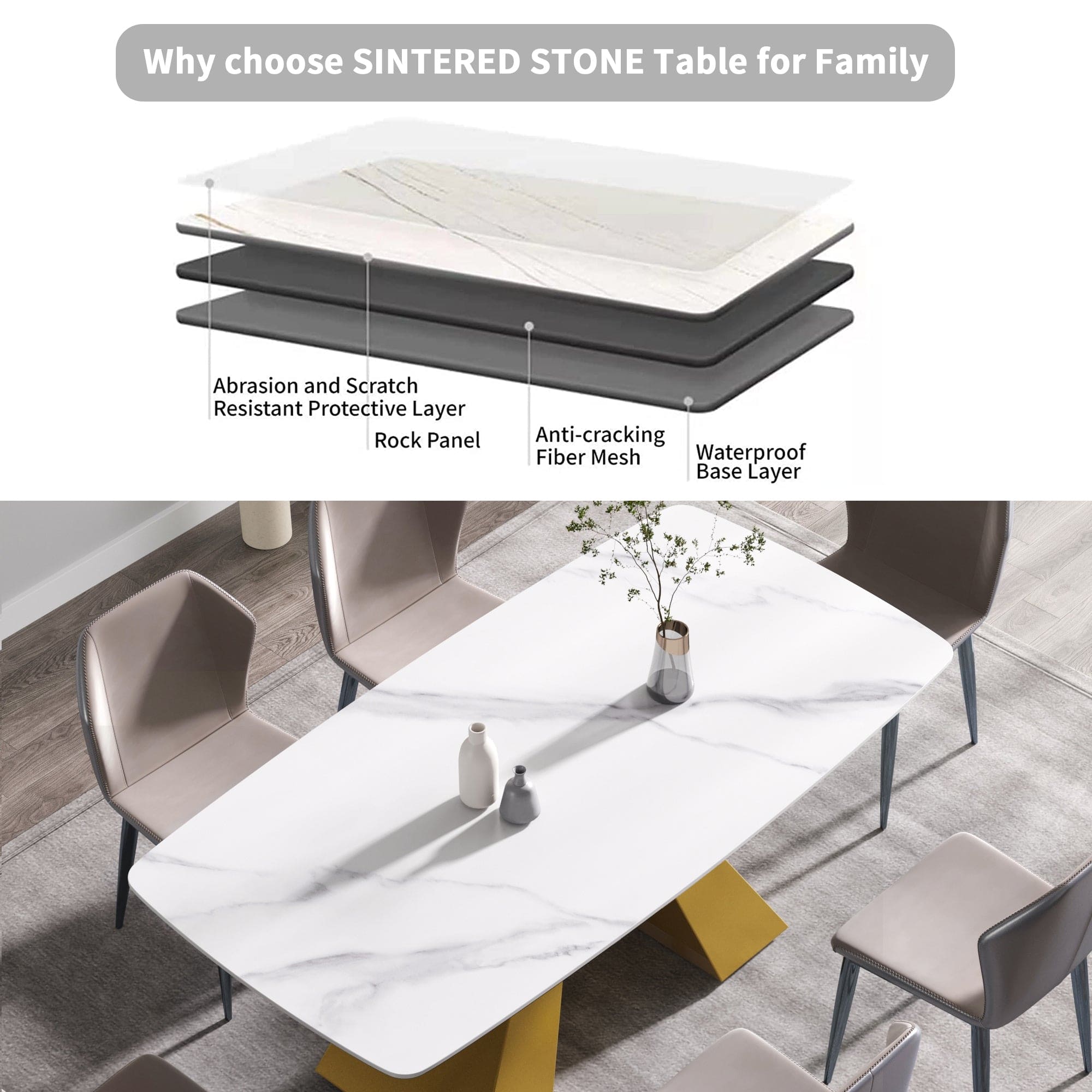 70.87"Modern artificial stone white curved golden metal leg dining table-can accommodate 6-8 people