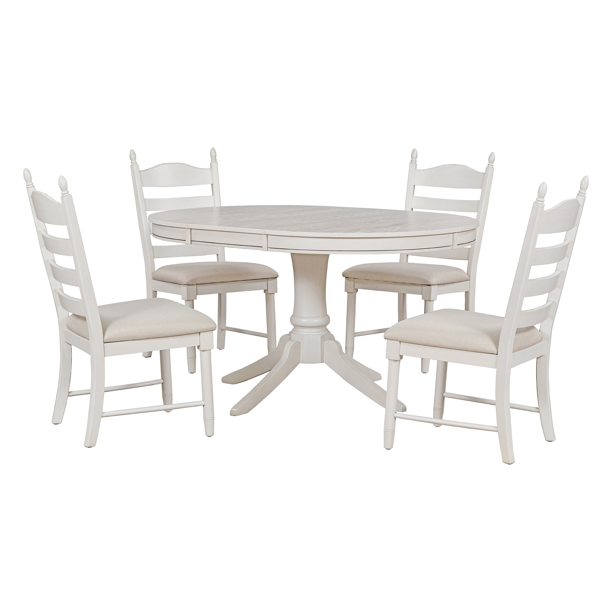 TREXM 5-Piece Retro Functional Dining Table Set Wood Round Extendable Dining Table and 4 Upholstered Dining Chairs (Antique White)