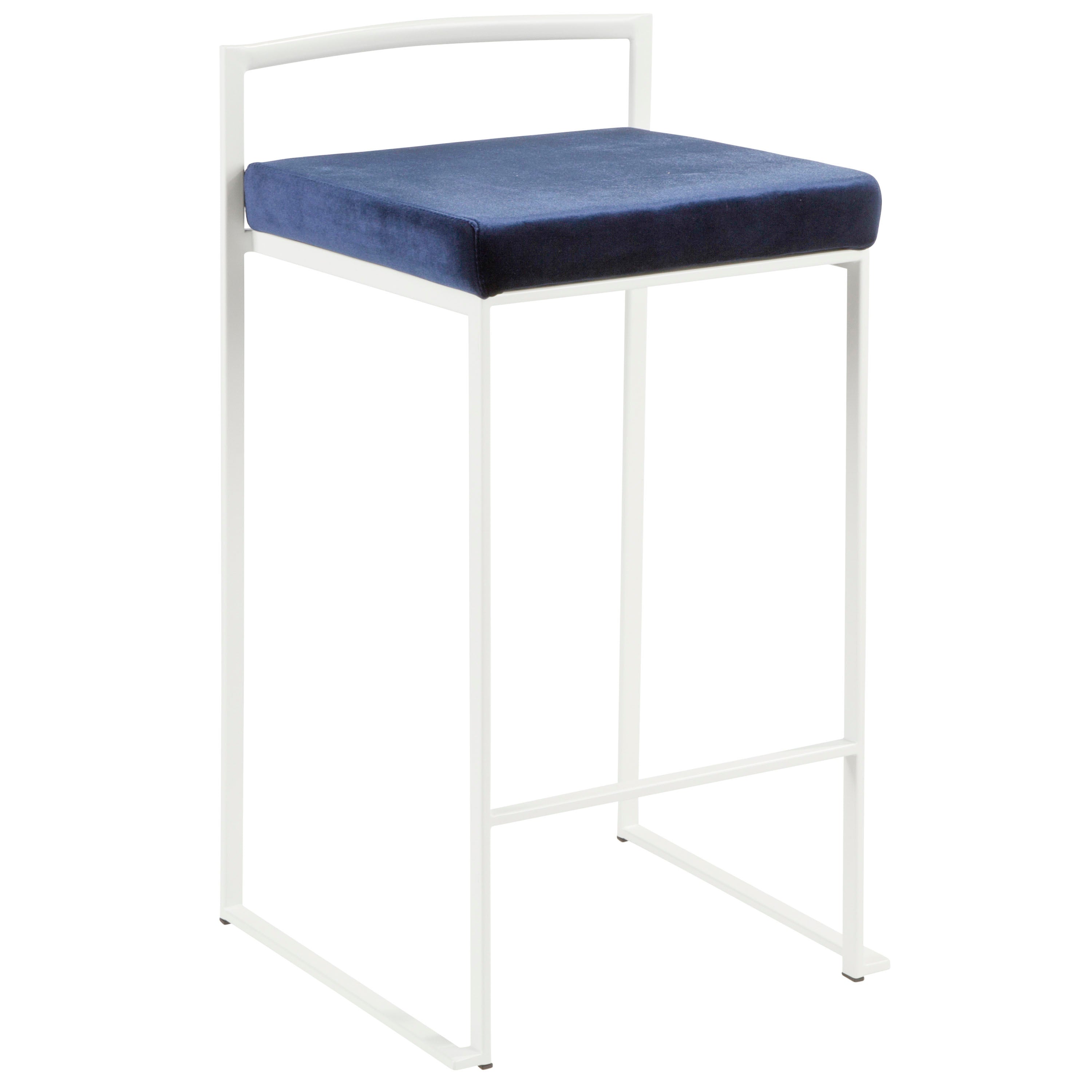 Fuji Contemporary Stackable Counter Stool in White with Blue Velvet Cushion by LumiSource - Set of 2