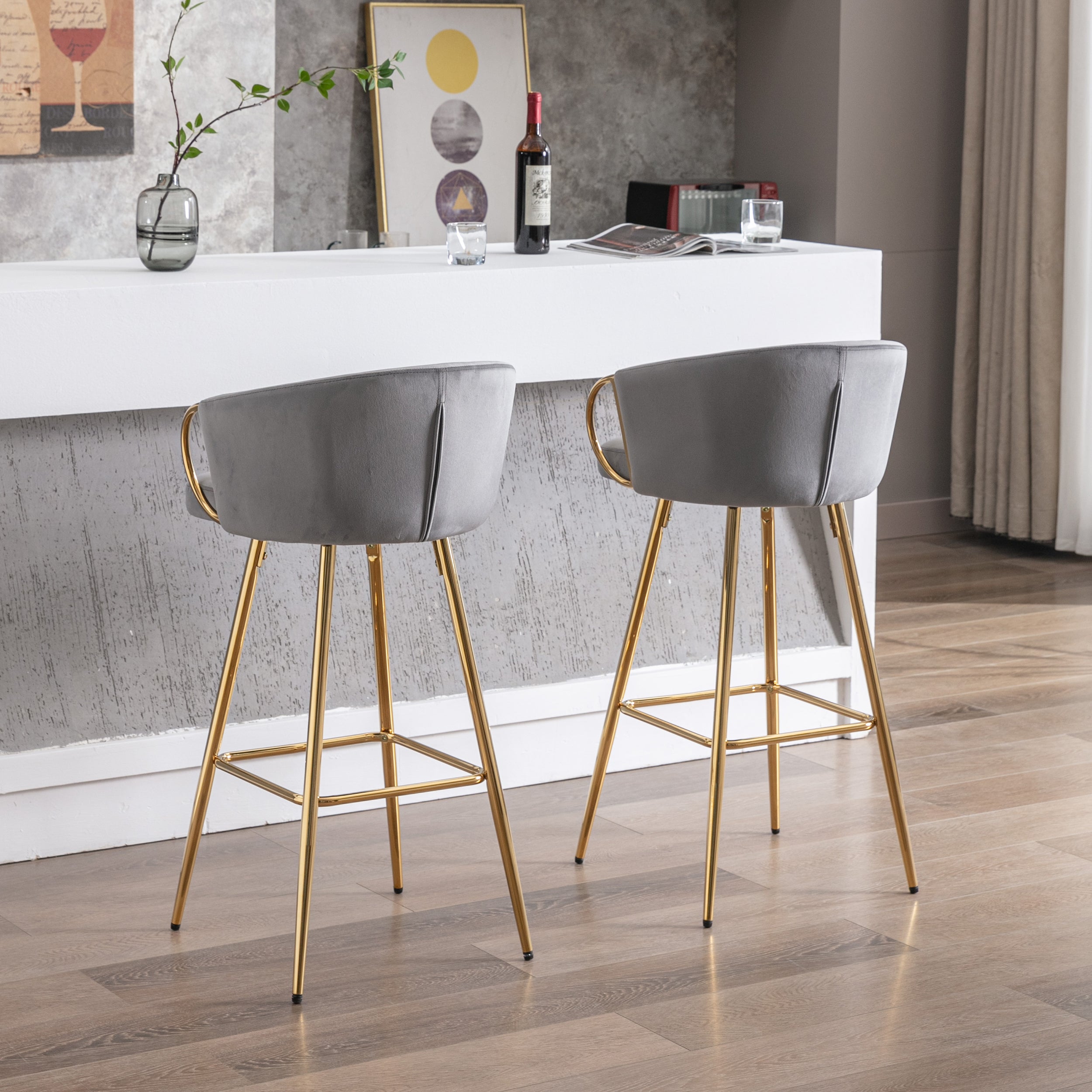 26 Inch Set of 2 Bar Stools,with Chrome Footrest and Base Velvet + Golden Leg Simple Bar Stool,GRAY