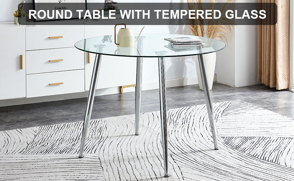 A glass tabletop with a diameter of 40 inches and a modern minimalist circular dining table with electroplated silver metal legs. Suitable for restaurants, living rooms, and conference rooms.DT-1164