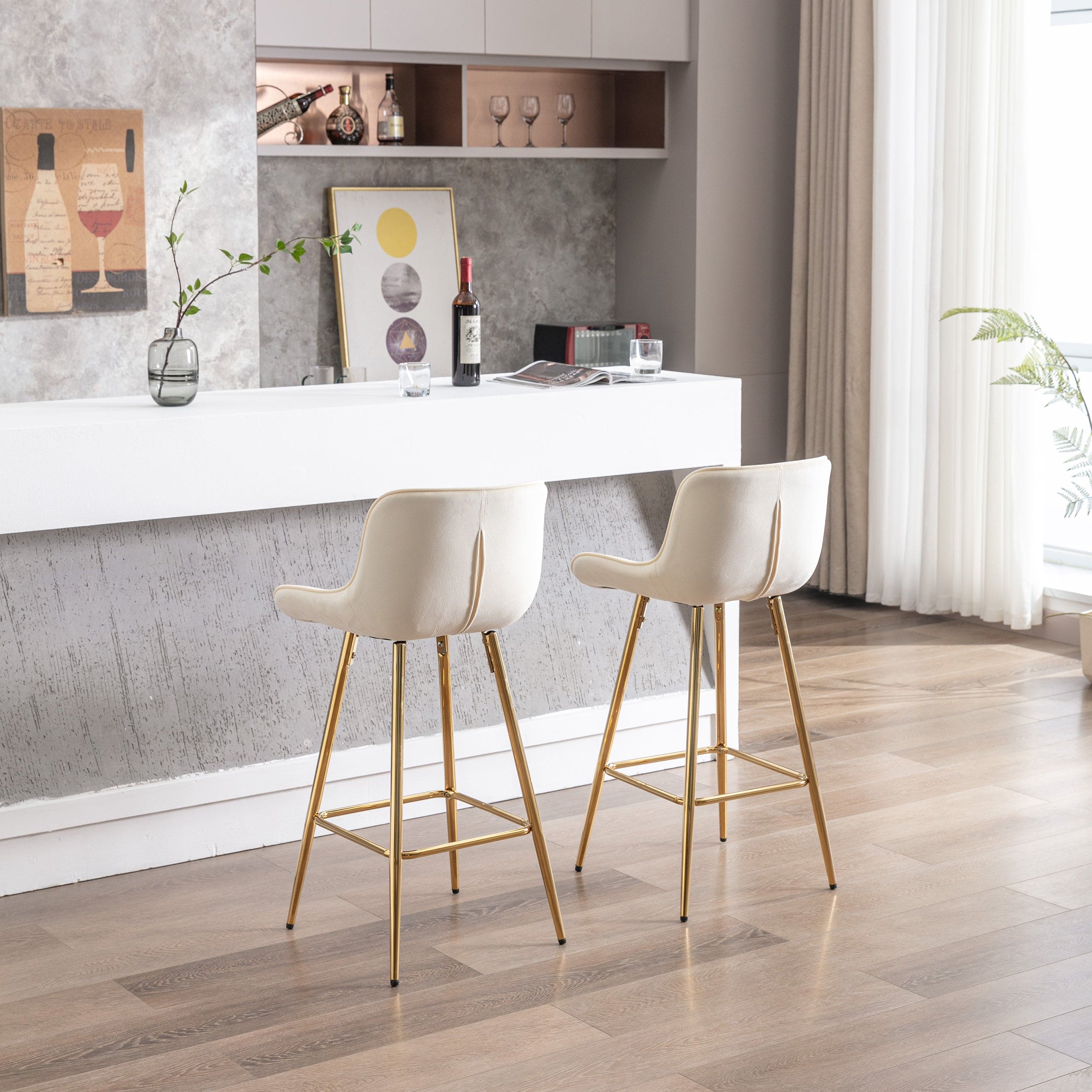 26 Inch Set of 2 Bar Stools,with Chrome Footrest Velvet Fabric Counter Stool Golden Leg Simple Bar Stool,CREAM