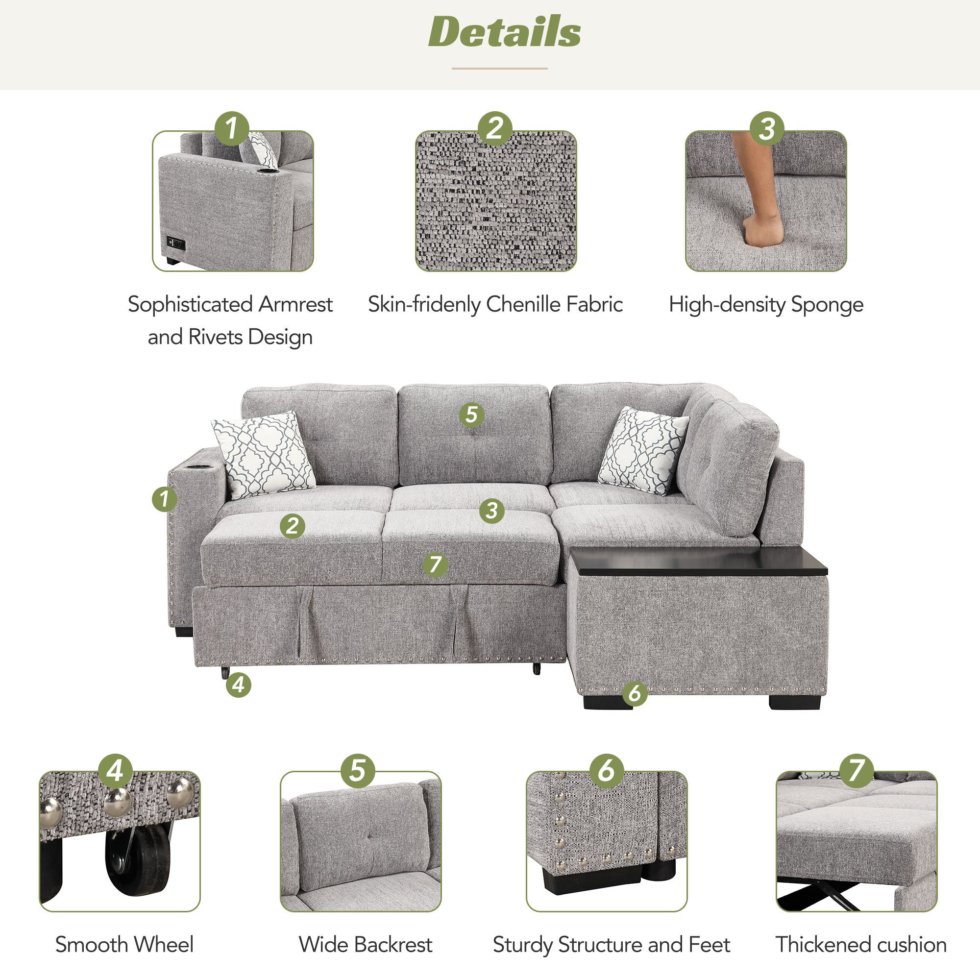 Sofa Bed L-Shaped Corner Sofa, Light Gray