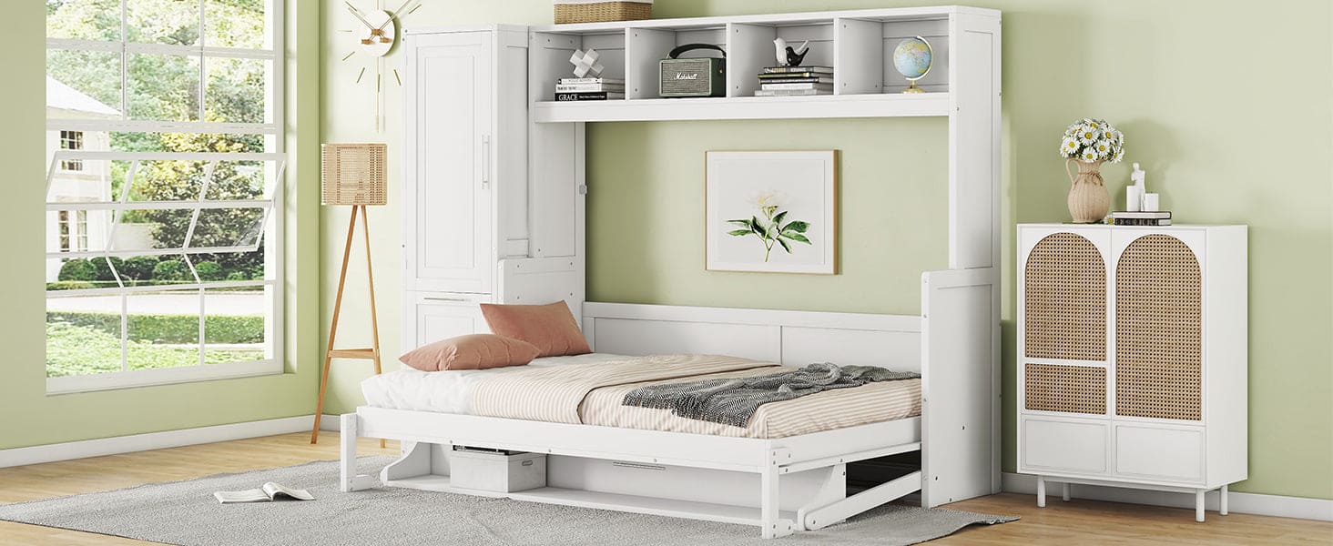 Full Size Murphy Bed Wall Bed with Closet and Drawers,White