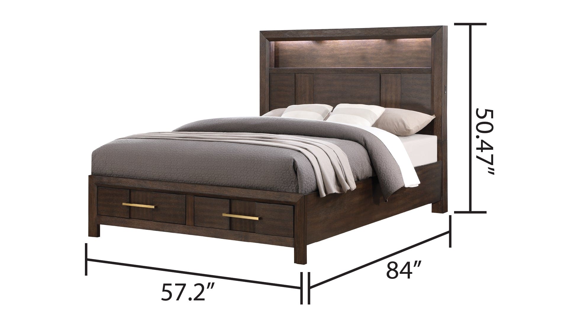 Kenzo Modern Style Full Bed Made with Wood & LED Headboard with bookshelf in Walnut