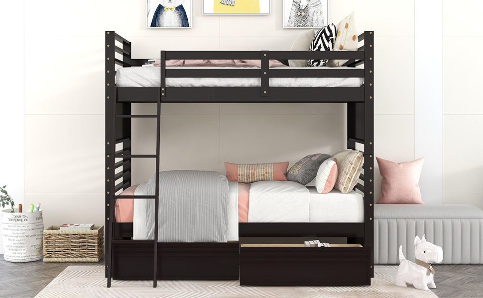 Twin over Twin Wood Bunk Bed with Two Drawers - Espresso·