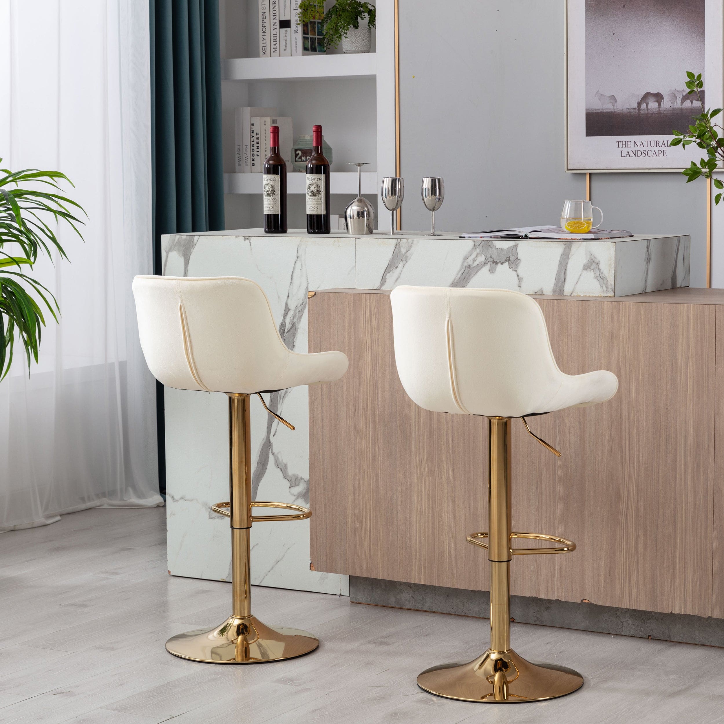 Chrome Footrest and Base Swivel Height Adjustable Mechanical Lifting Velvet + Golden Leg Simple Bar Stool,Set of 2,Ivory