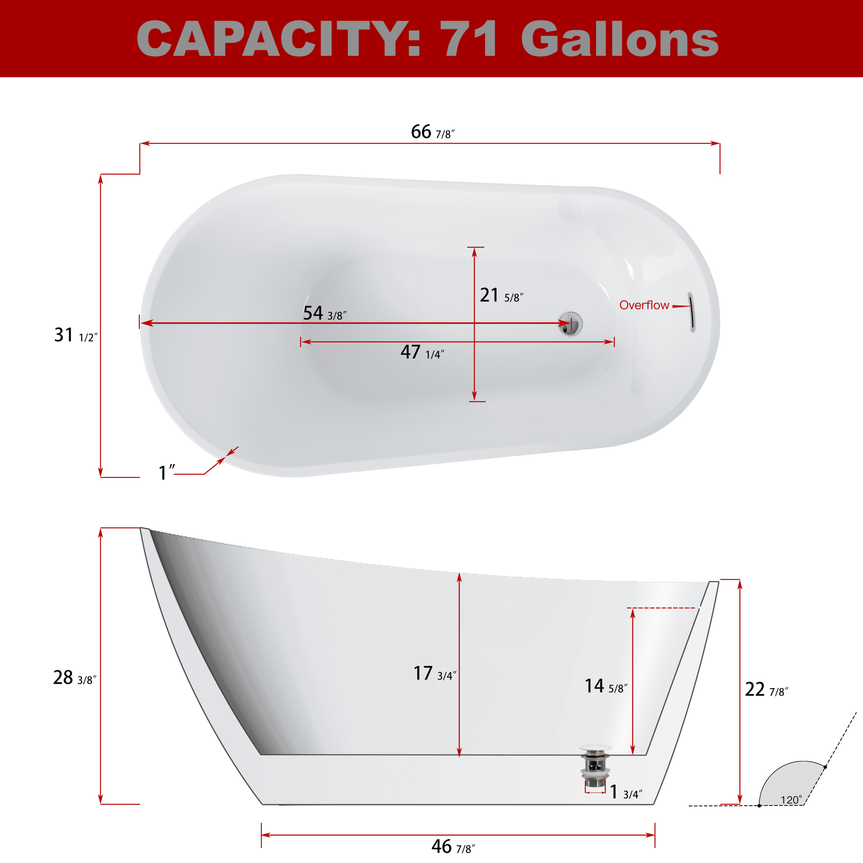 Sparkling White Acrylic Freestanding Soaking Bathtub with Chrome Overflow and Drain, cUPC Certified - 67*31.5