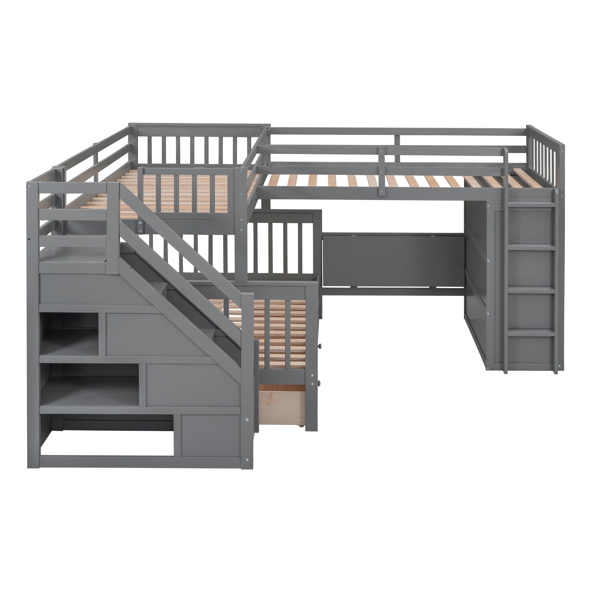 Twin-Twin over Full L-Shaped Bunk Bed With 3 Drawers, Portable Desk and Wardrobe, Gray