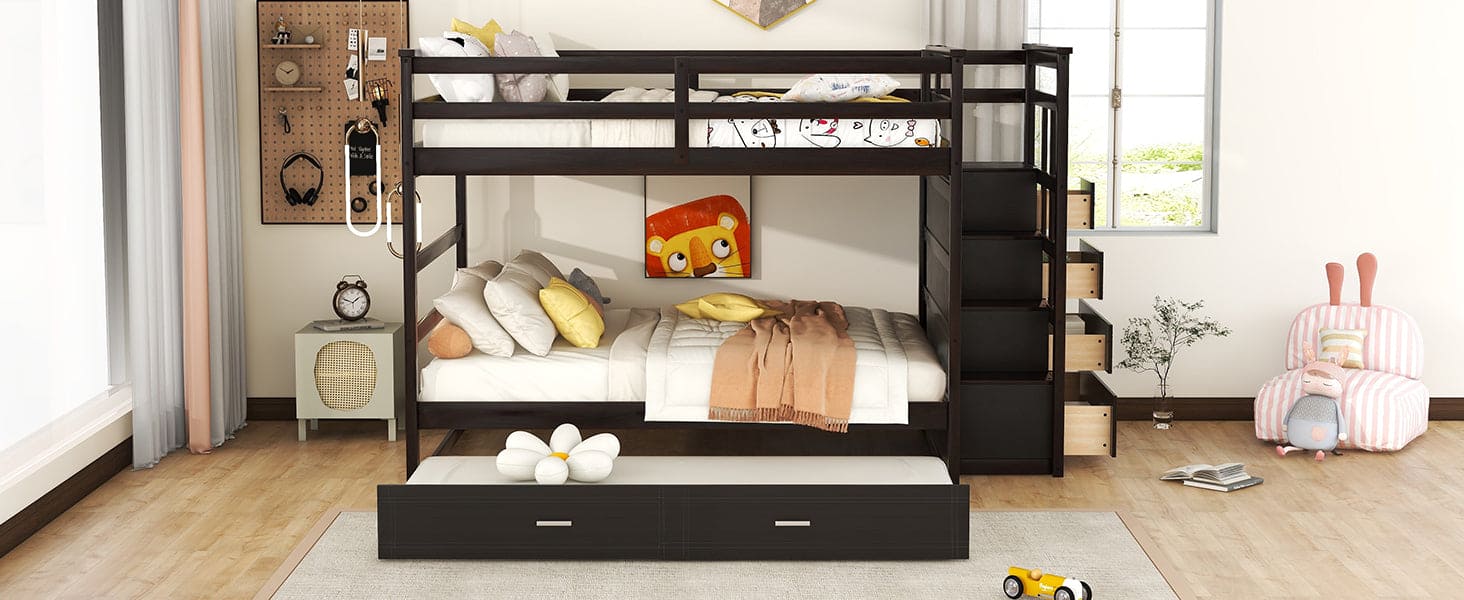 Full Over Full Bunk Bed with Twin Size Trundle and Staircase, Espresso