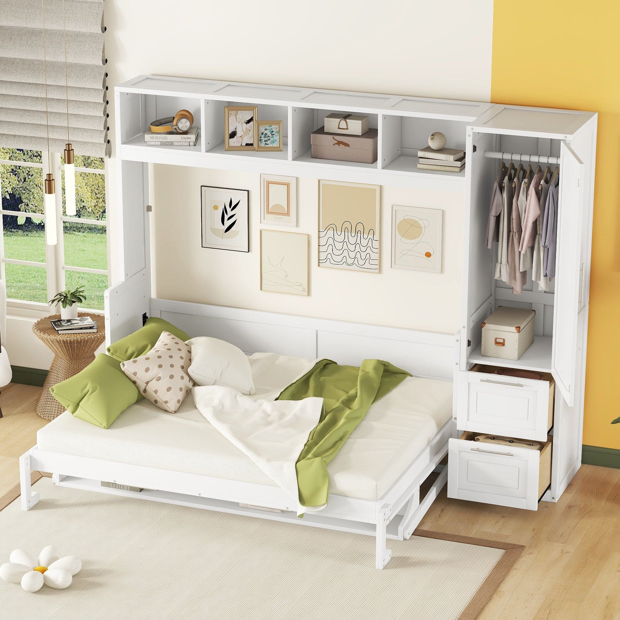 Queen Size Murphy Bed Wall Bed with Closet and Drawers,White