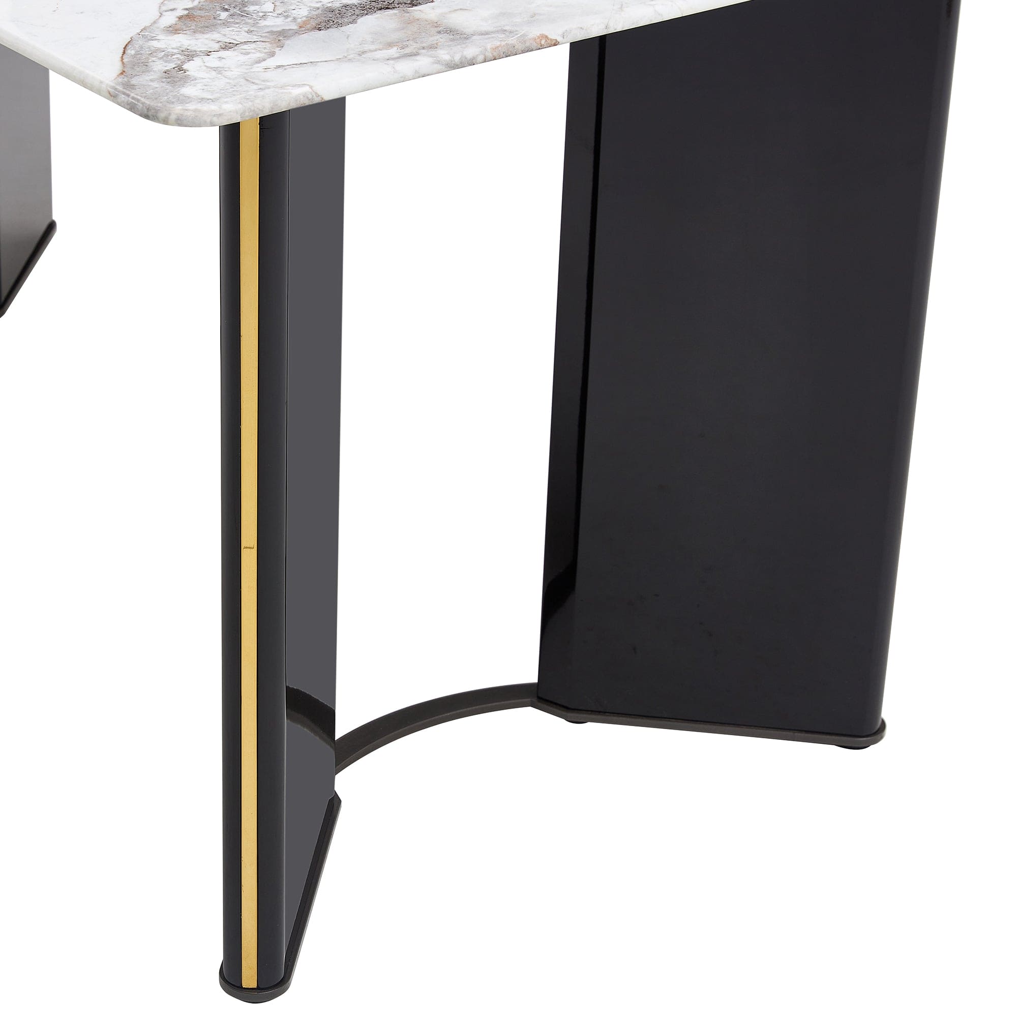 Table and chair set. 1 table and 4 white PU backrest cushions with gold metal leg chairs . A rectangular white imitation marble desktop with MDF legs and gold metal decorative strips. HH1162