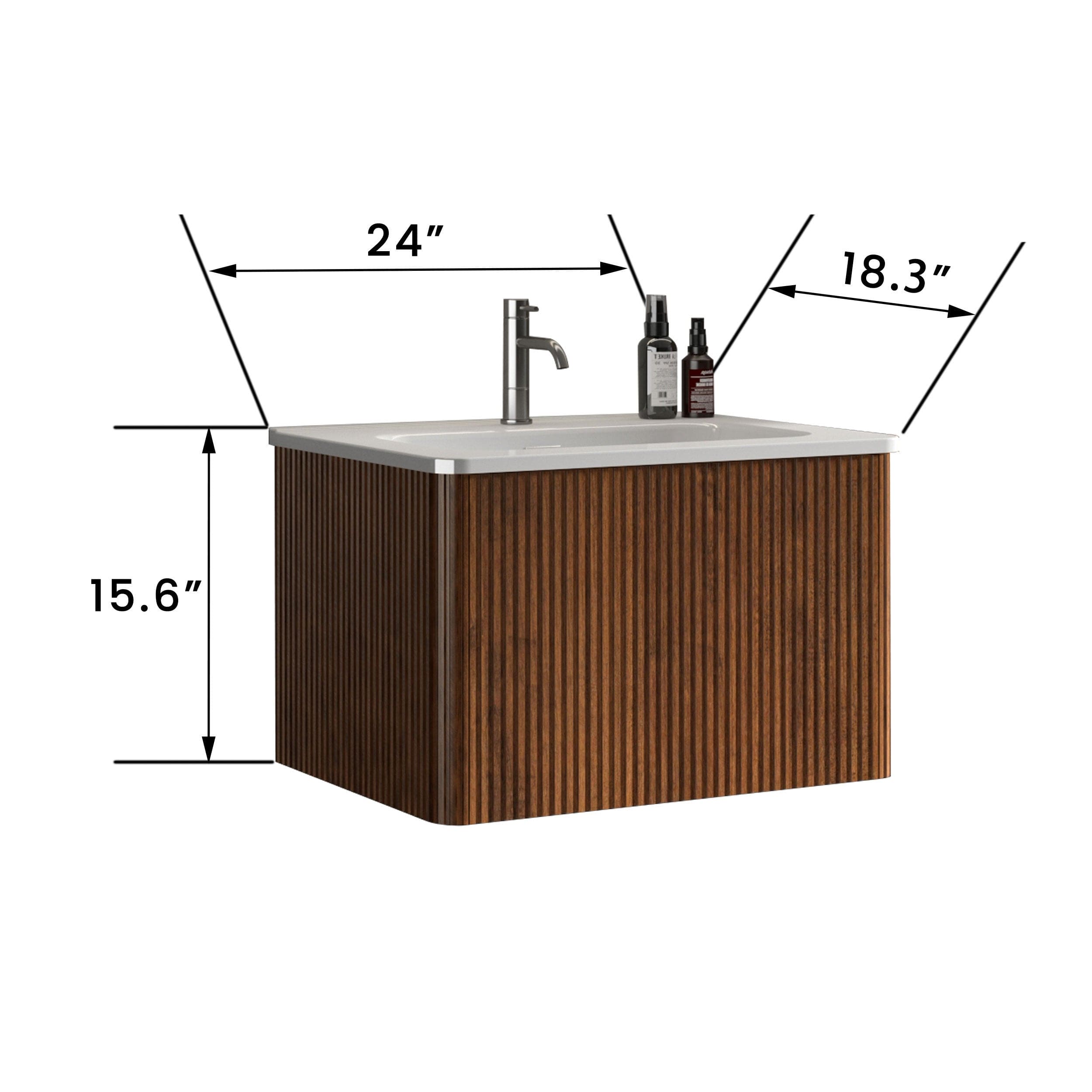 U046-Etna24W-305 Etna 24" Striped Walnut Bathroom Vanity with White Ceramic Sink, Wall Mounted Floating Bathroom Vanity for Modern Bathroom, One-Piece White Sink Basin without Drain and Faucet