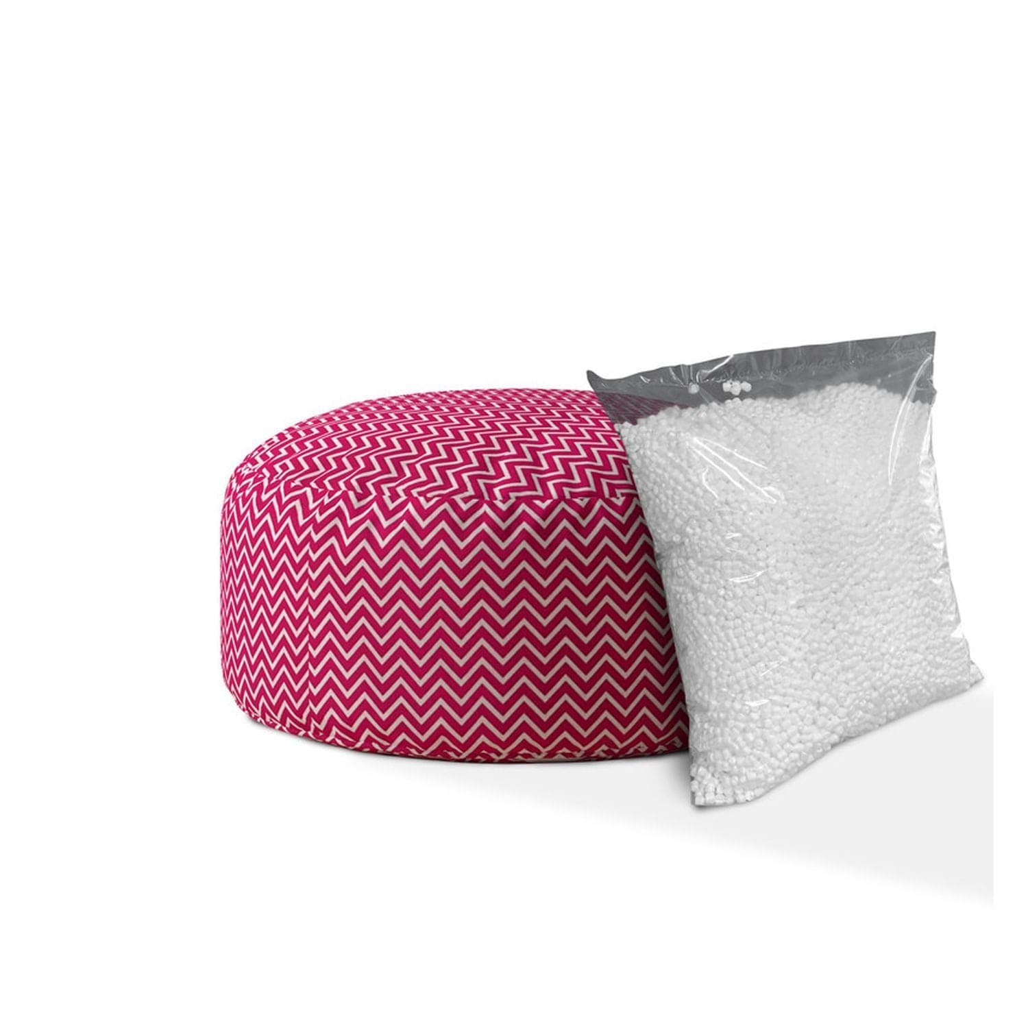 Indoor DIPPITY Hot Pink/White Round Zipper Pouf - Stuffed - Extra Beads Included! - 24in dia x 20in tall