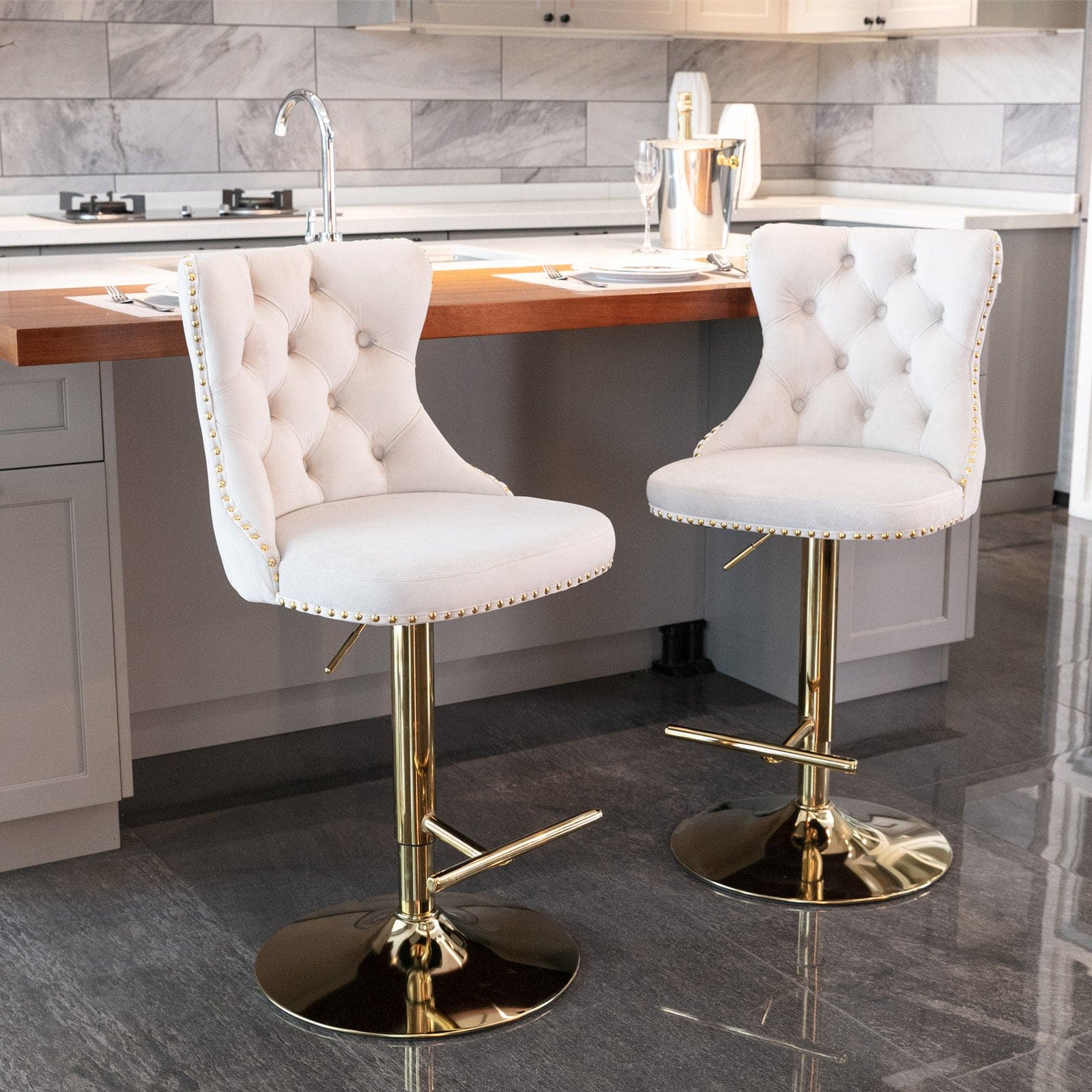 A&A Furniture,Golden Swivel Velvet Barstools Adjusatble Seat Height from 25-33 Inch, Modern Upholstered Bar Stools with Backs Comfortable Tufted for Home Pub and Kitchen Island（Beige,Set of 2）