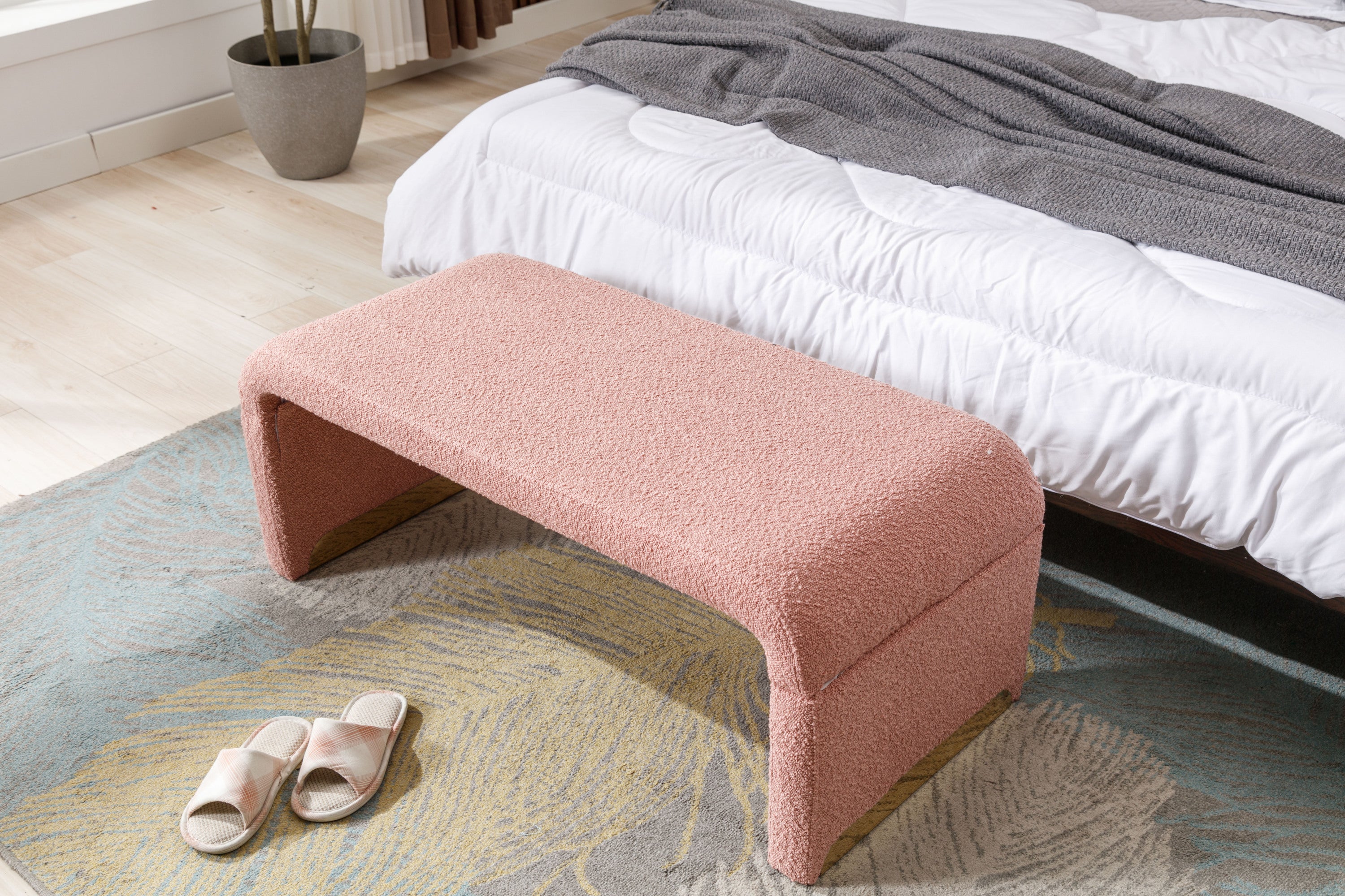 New Boucle Fabric Loveseat Ottoman Footstool Bedroom Bench Shoe Bench With Gold Metal Legs,Coffee Pink