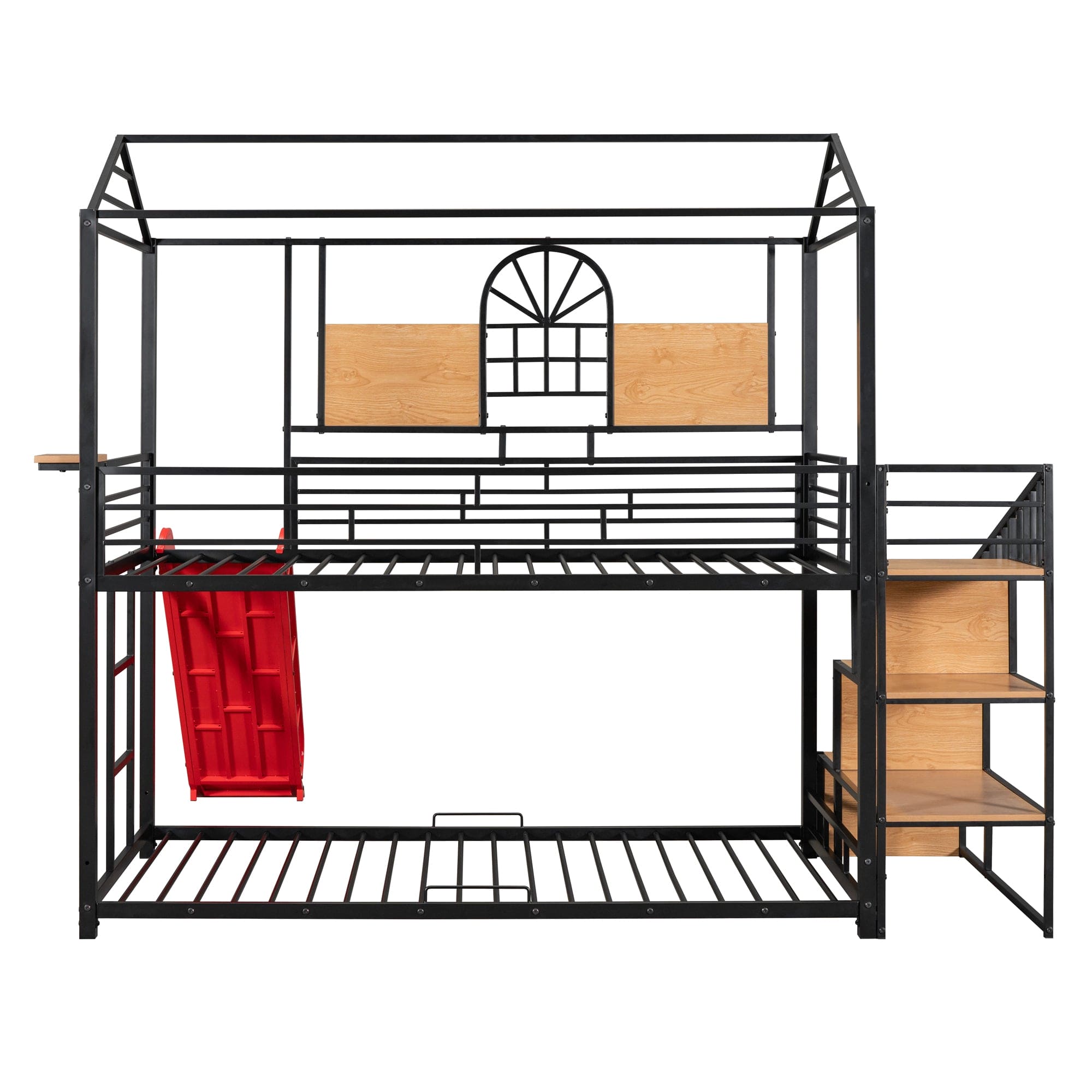 Twin Over Twin Metal Bunk Bed, Metal Housebed with Slide and Storage Stair, Black with Red Slide