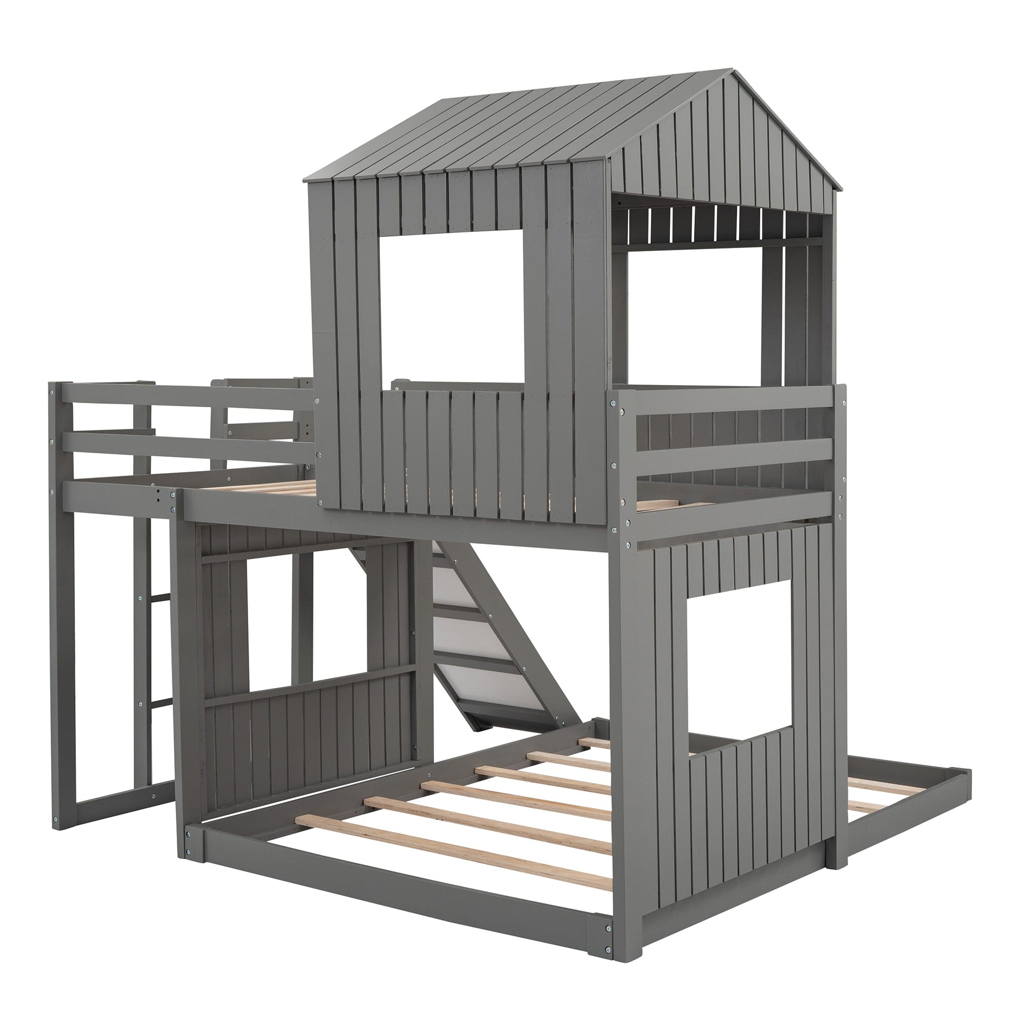 Wooden Twin Over Full Bunk Bed, Loft Bed with Playhouse, Farmhouse, Ladder, Slide and Guardrails, Gray(OLD SKU :LT000028AAN)