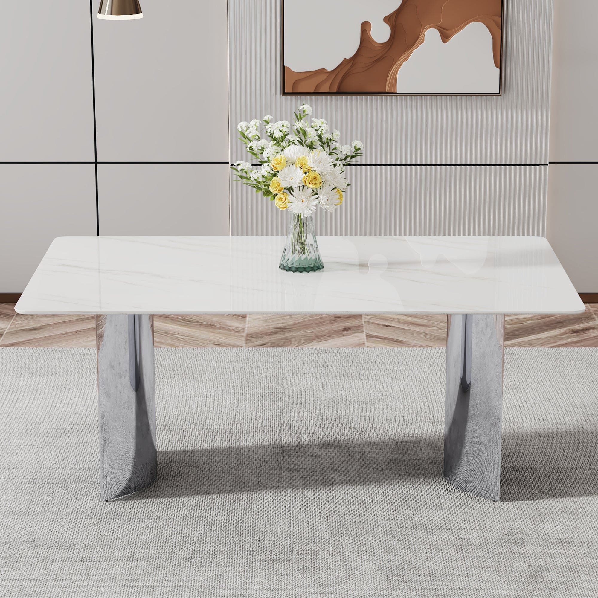 Modern minimalist dining table. The white imitation marble glass desktop is equipped with silver metal legs. Suitable for restaurants and living rooms  71" *39.3" *29.5"  DT-69