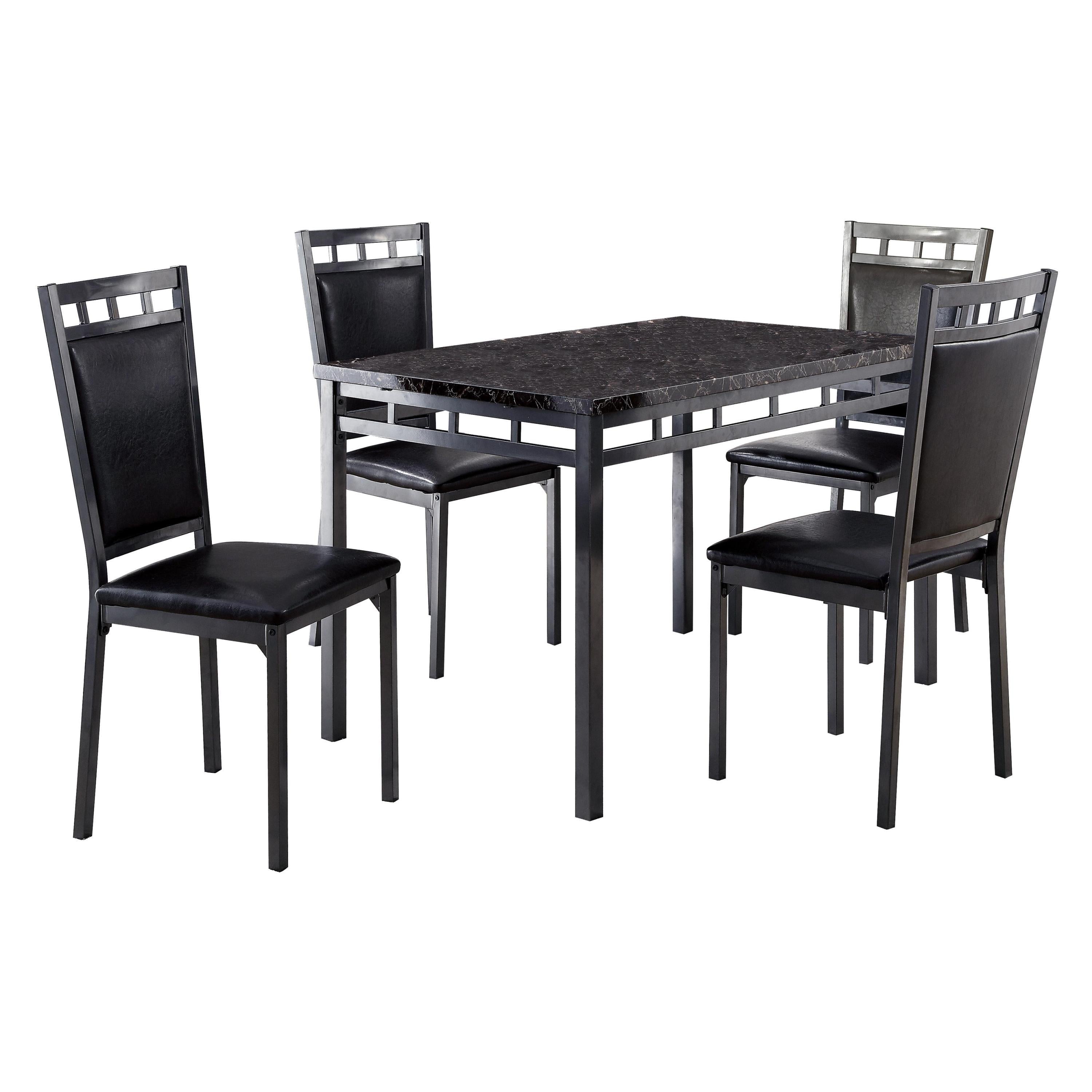 Black Finish 5pc Dinette Set Faux Marble Top Table and 4x Side Chairs Faux Leather Upholstered Metal Frame Casual Dining Room Furniture