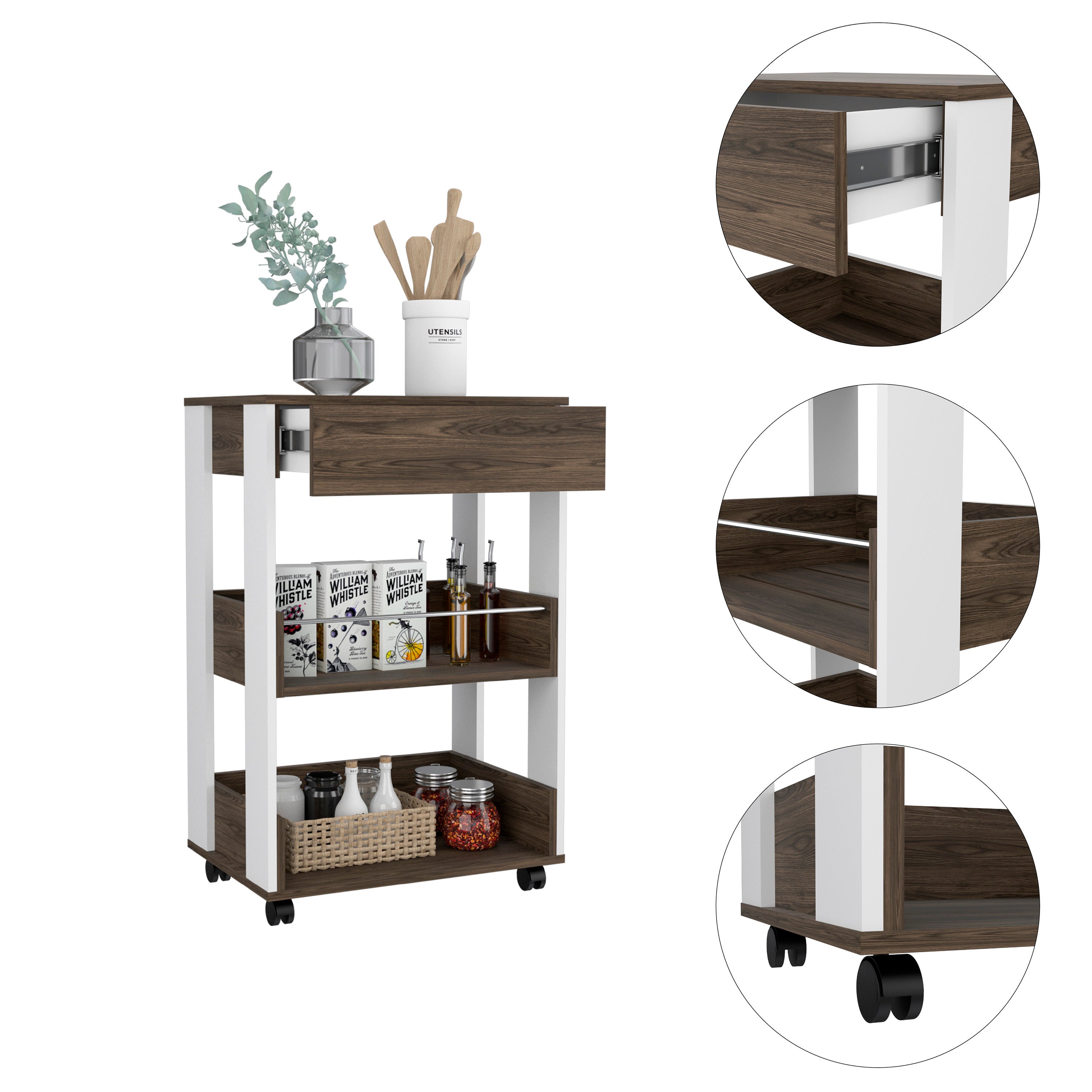 Kitchen Cart Coron with Drawer, Three-Tier Shelves and Casters, White / Dark Walnut Finish