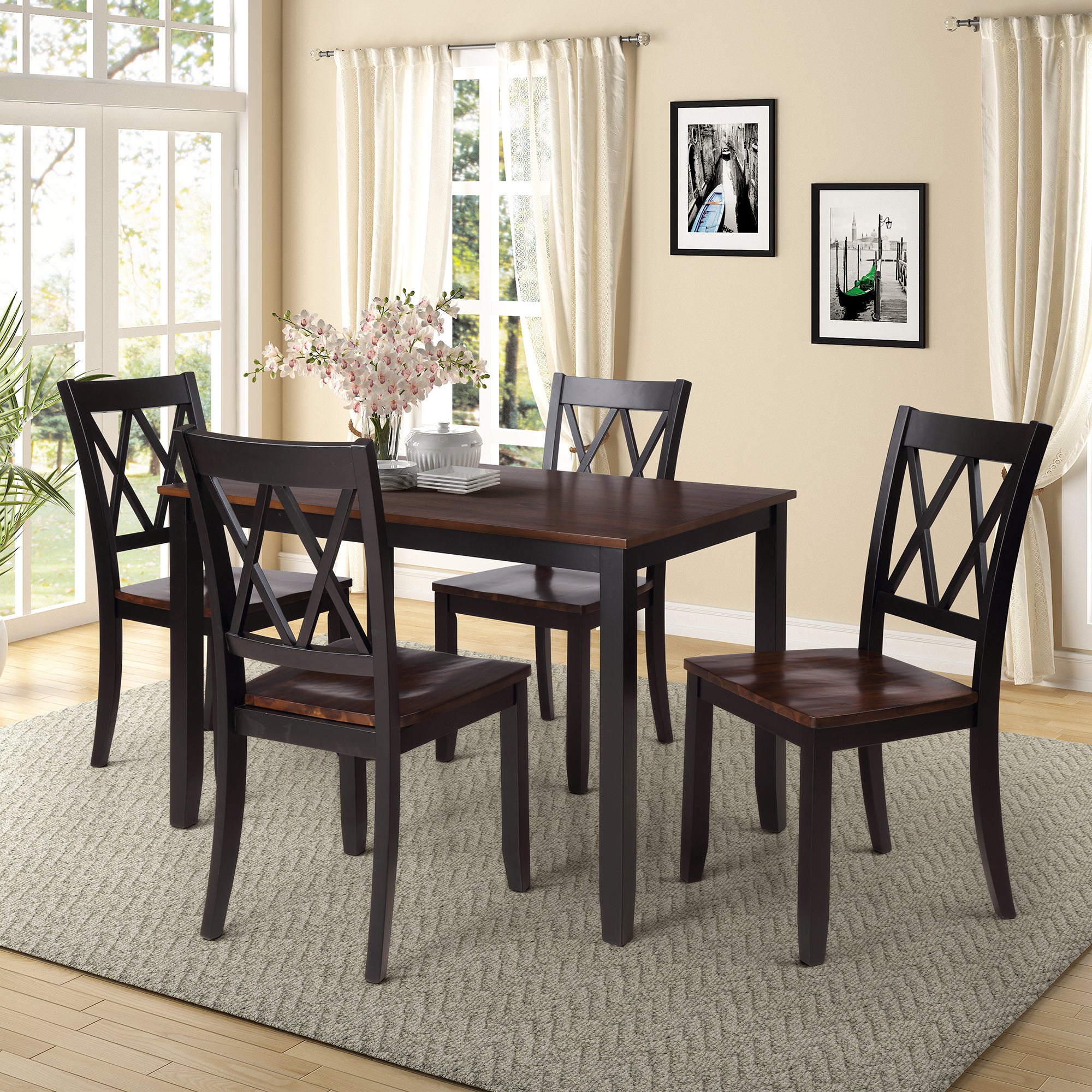 TOPMAX 5-Piece Dining Table Set Home Kitchen Table and Chairs Wood Dining Set, Black+Cherry