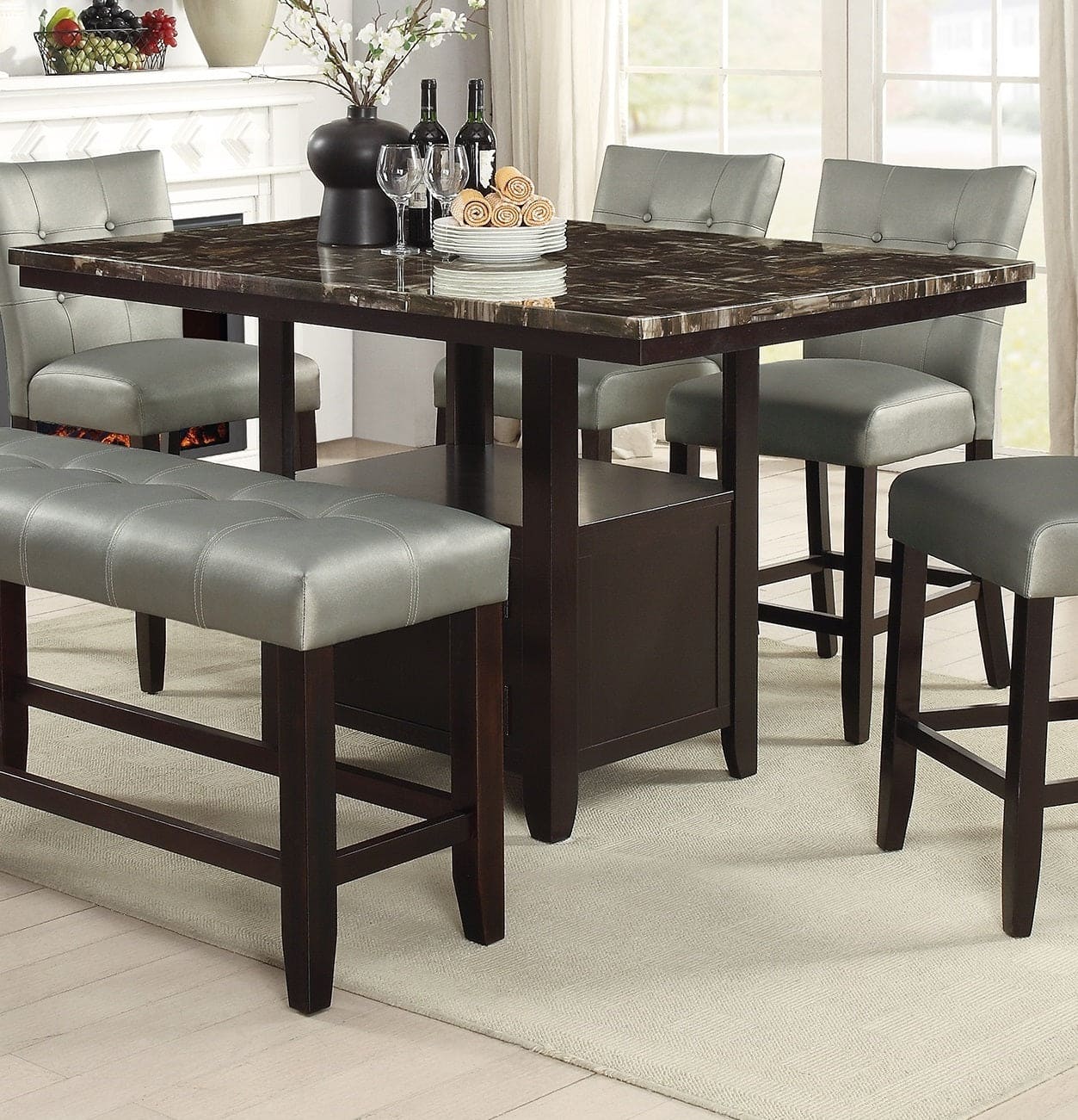 Dining Room Furniture 6pc Counter Height Dining Set Dining Table w Storage 4x High Chairs 1x Bench Silver Faux Leather Tufted Seats Faux Marble Table Top