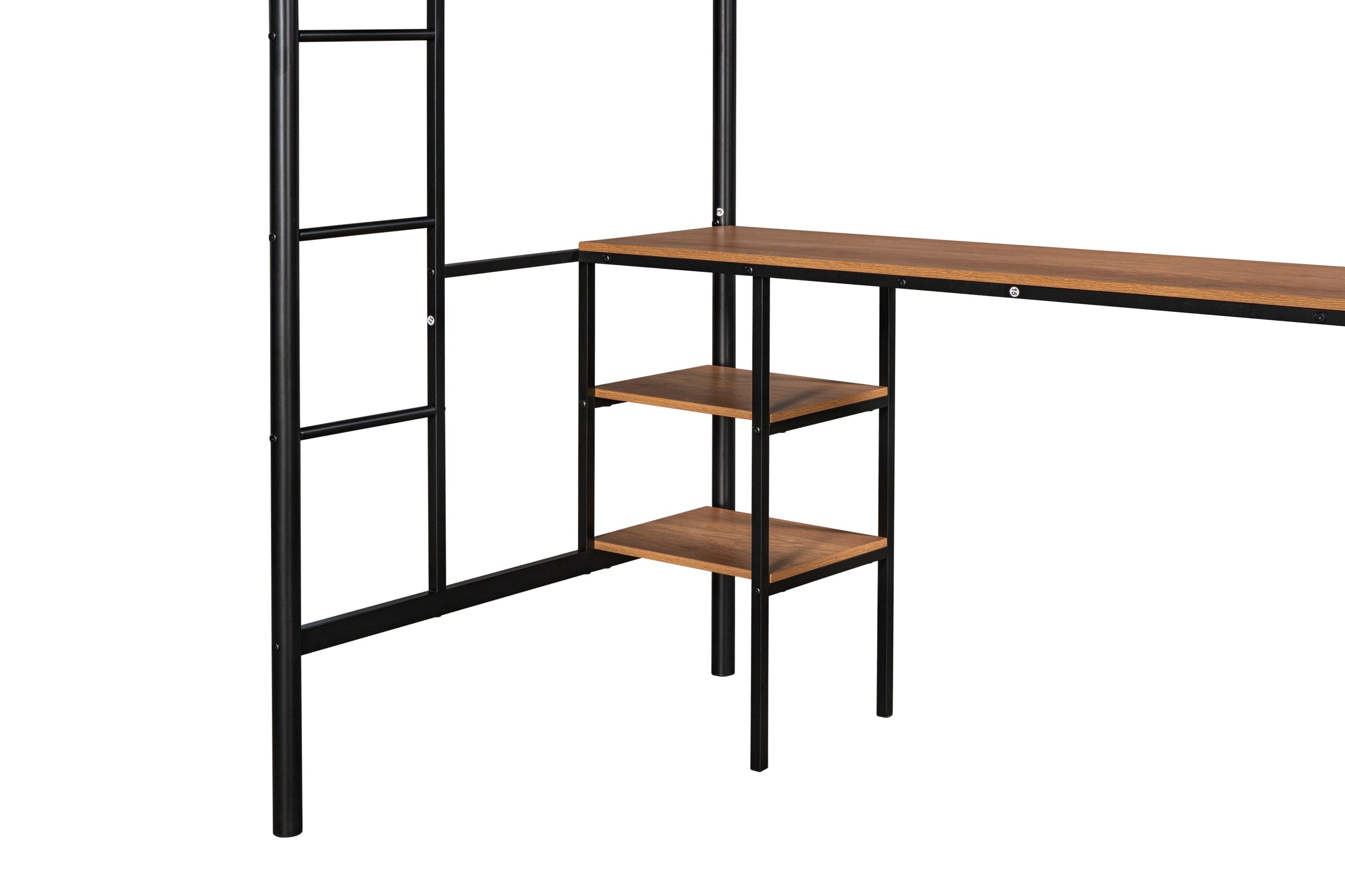 Twin-size Loft Bed with Table & Shelves/ Heavy-duty Sturdy Metal/ Built-in Table & Shelves/ Noise Reduced/ Safety Guardrail/ 2 Side Ladders/ CPC Certified/ No Box Spring Needed