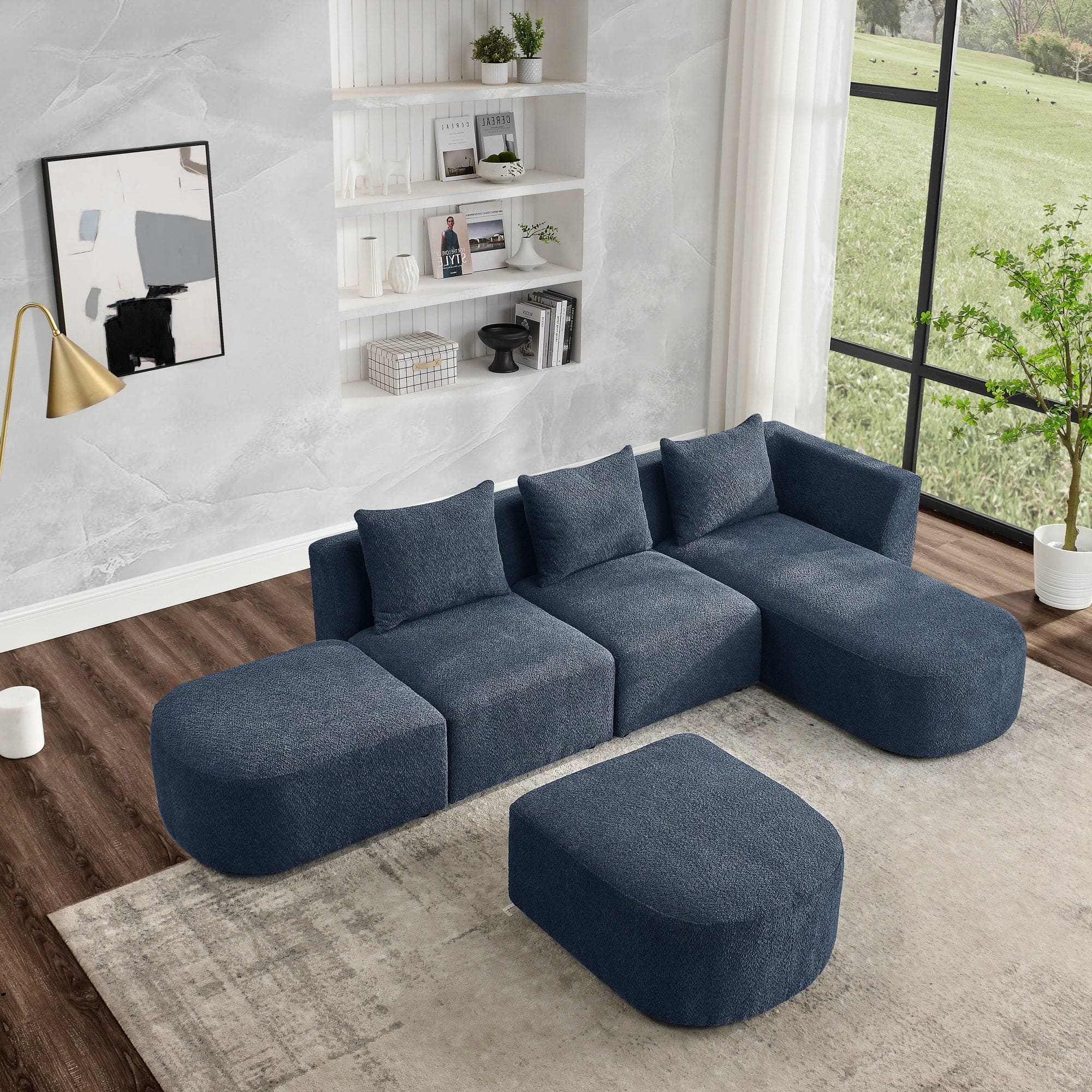 L Shape Sectional Sofa with Right Side Chaise and Ottoman, Modular Sofa, DIY Combination, Loop Yarn Fabric, Navy