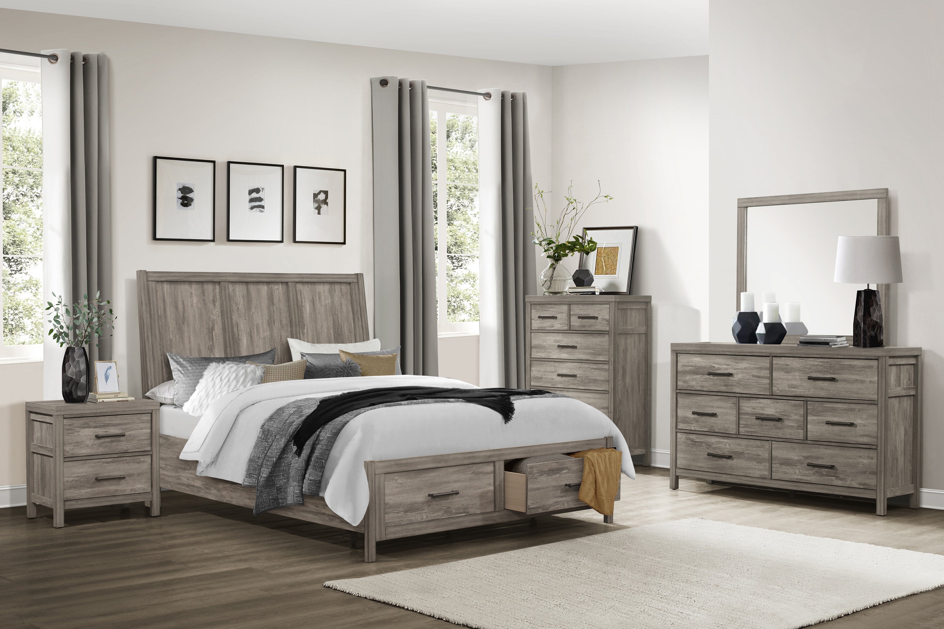 Rustic Style Queen Platform Bed with Footboard Storage Drawers Weathered Gray Finish Wooden Bedroom Furniture