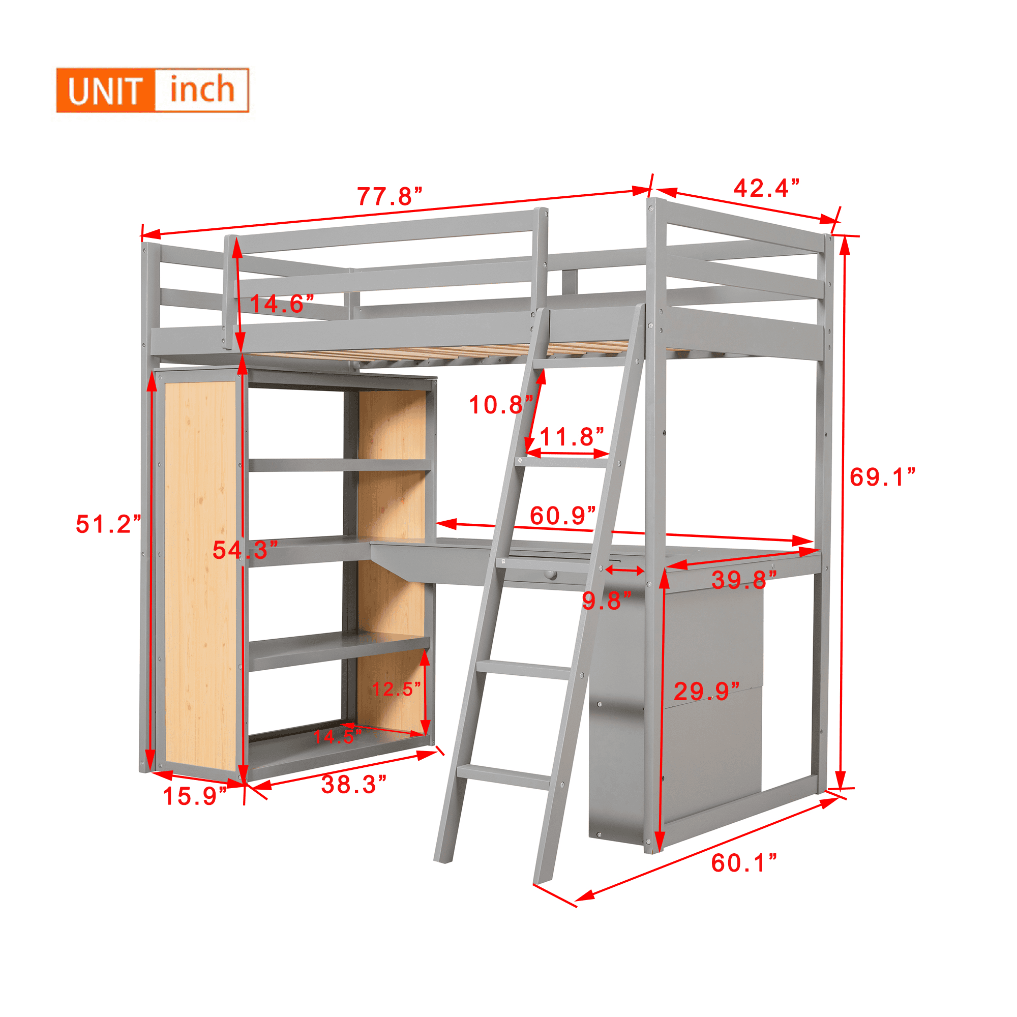 Twin Size Loft Bed with Ladder, Shelves, and Desk, Gray(LT100225AAE)