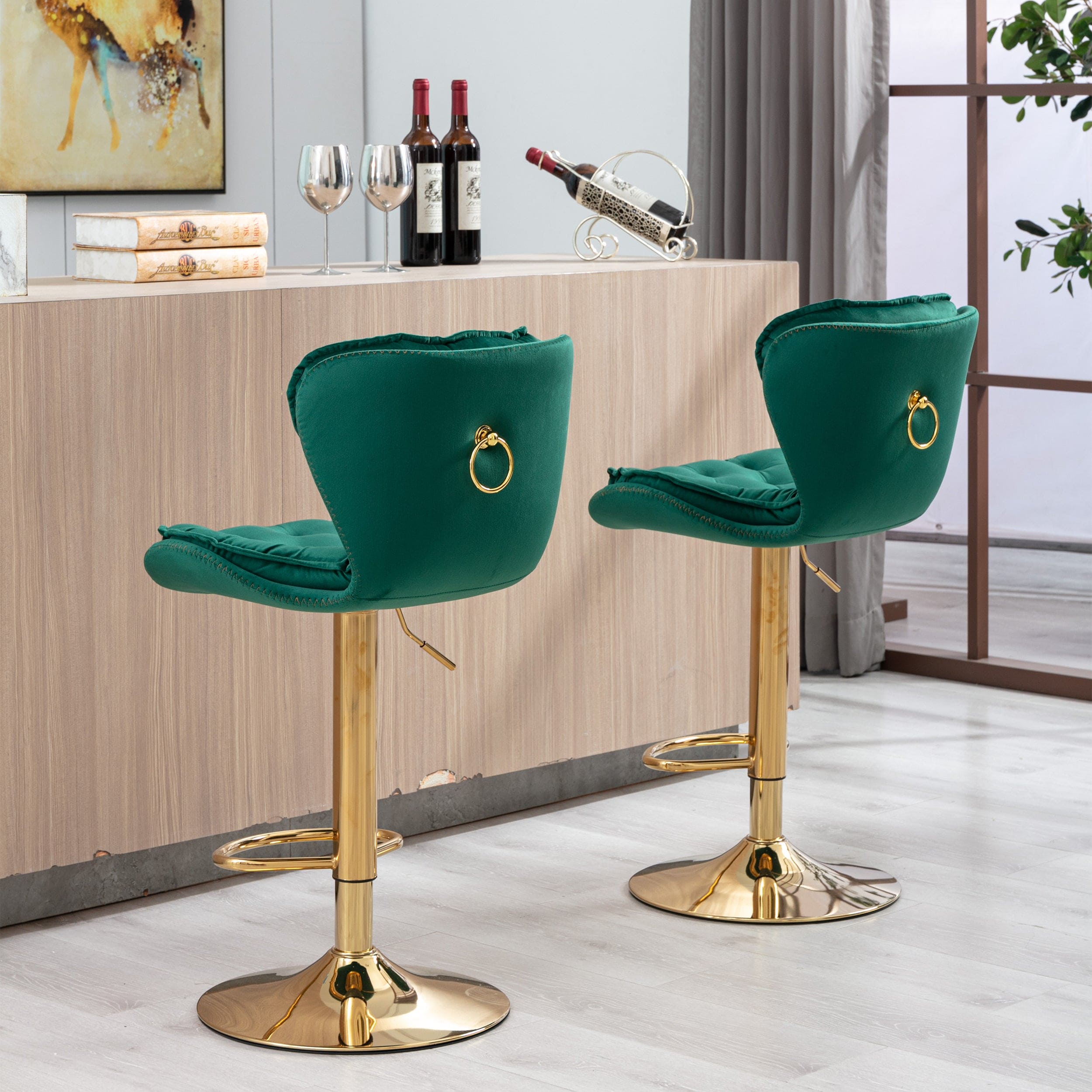 Set of 2  Bar Stools,with Chrome Footrest and Base Swivel Height Adjustable Mechanical Lifting Velvet + Golden Leg Simple Bar Stool-Green