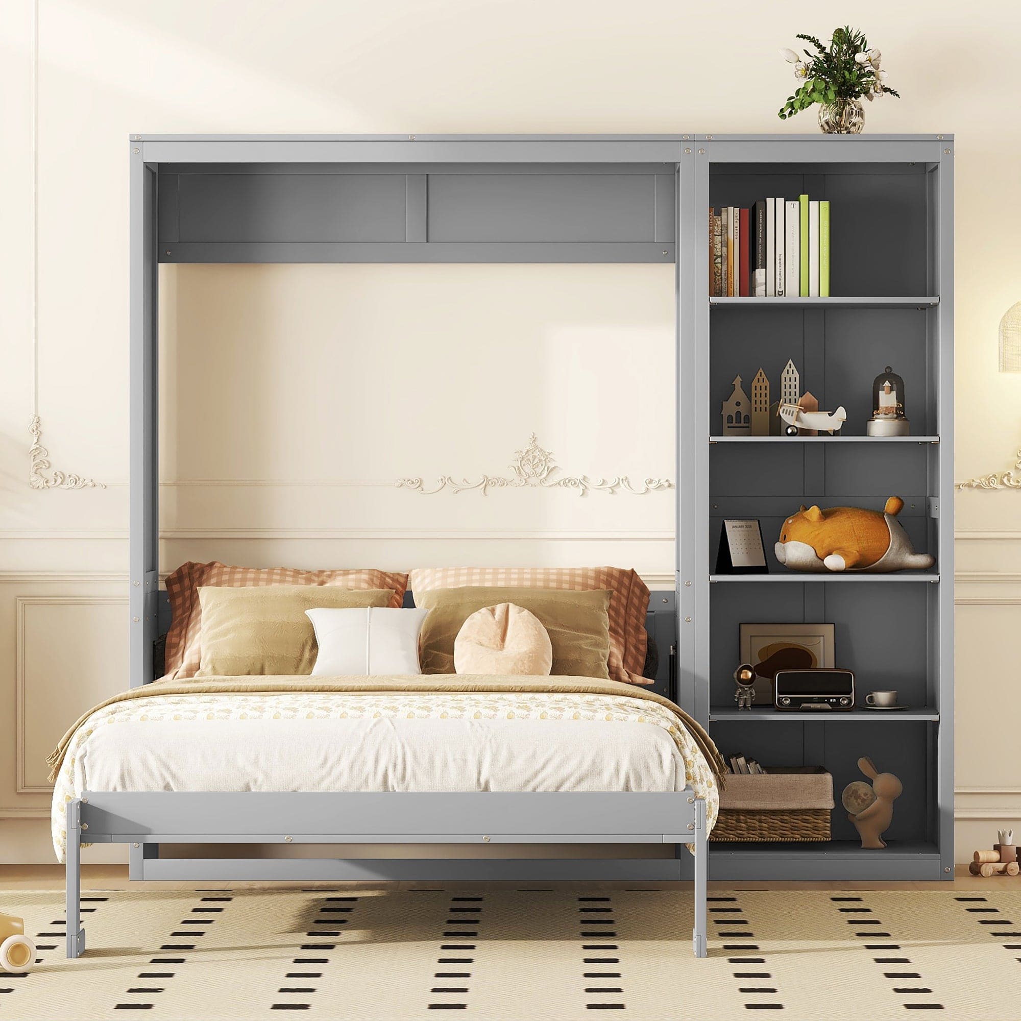 Queen Size Murphy Bed Wall Bed with Shelves,Gray