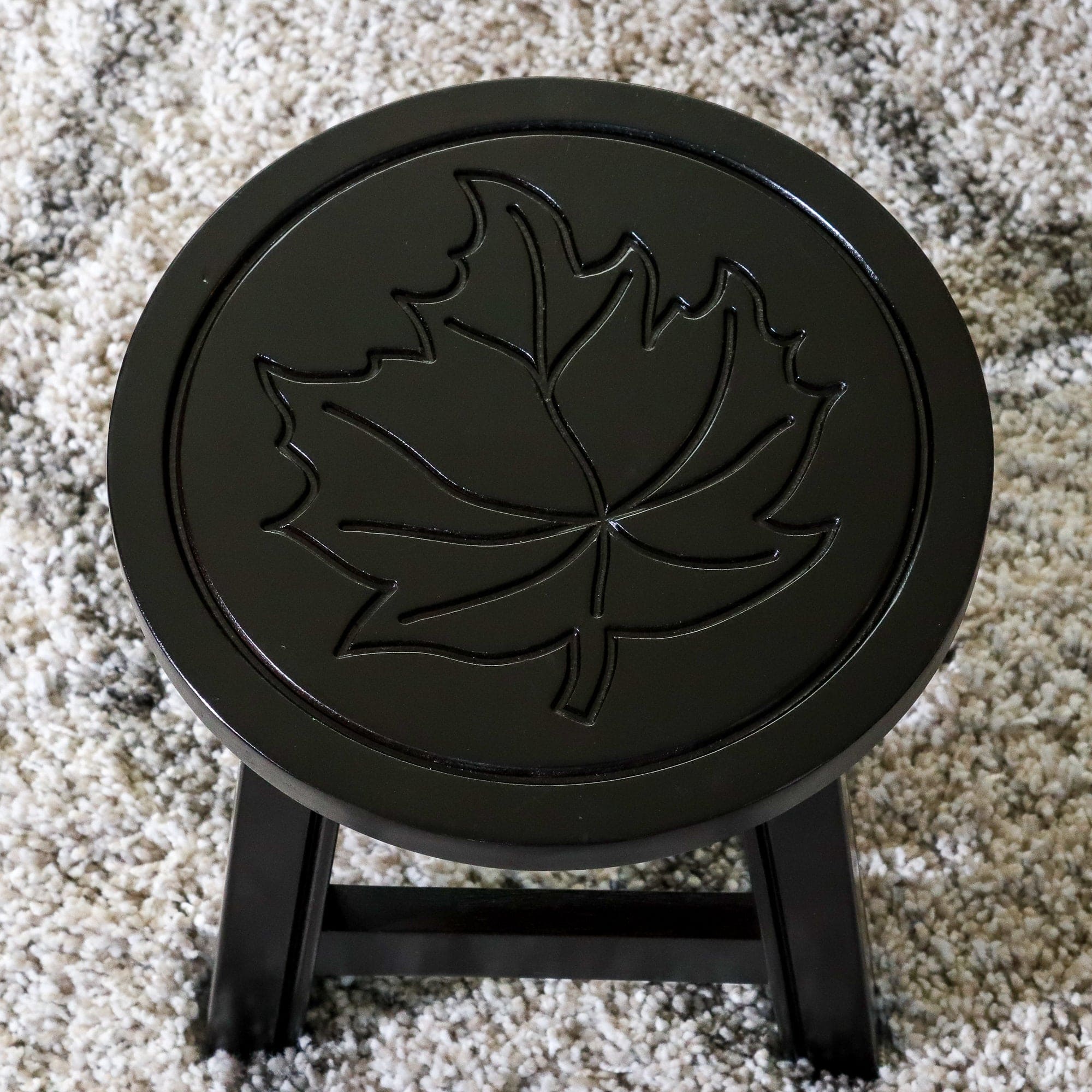 Carved Wooden Step Stool, Maple Leaf, Espresso