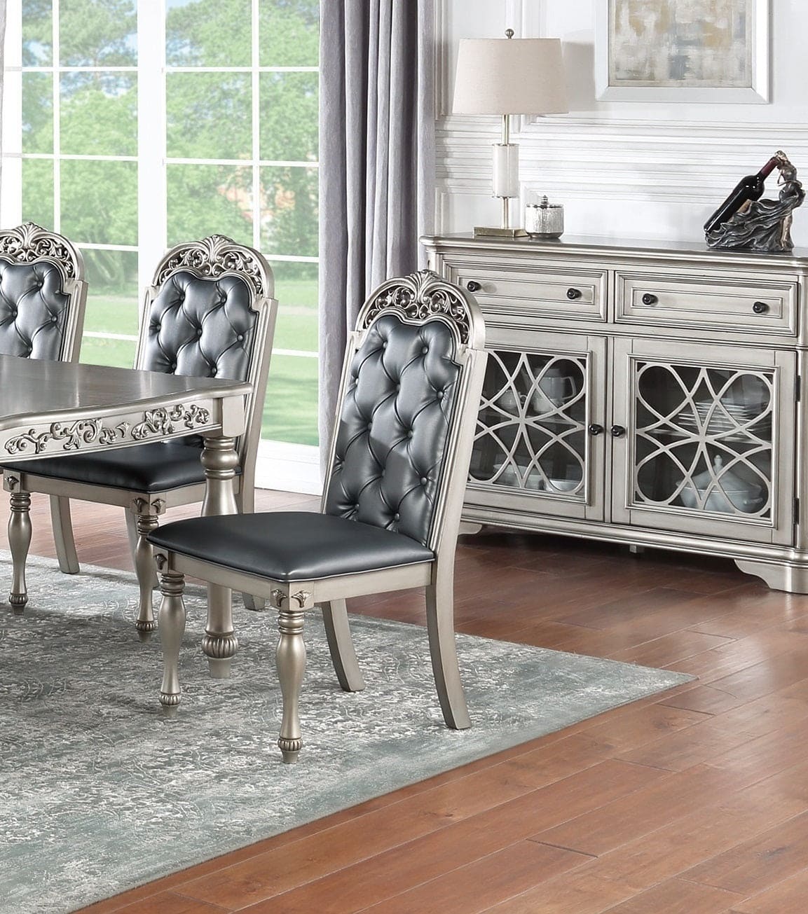 Traditional Formal Silver / Grey Finish 7pc Dining Set Table w 6x Side Chairs Rubber wood Intricate Design Tufted back Cushion Seat Dining Room Furniture