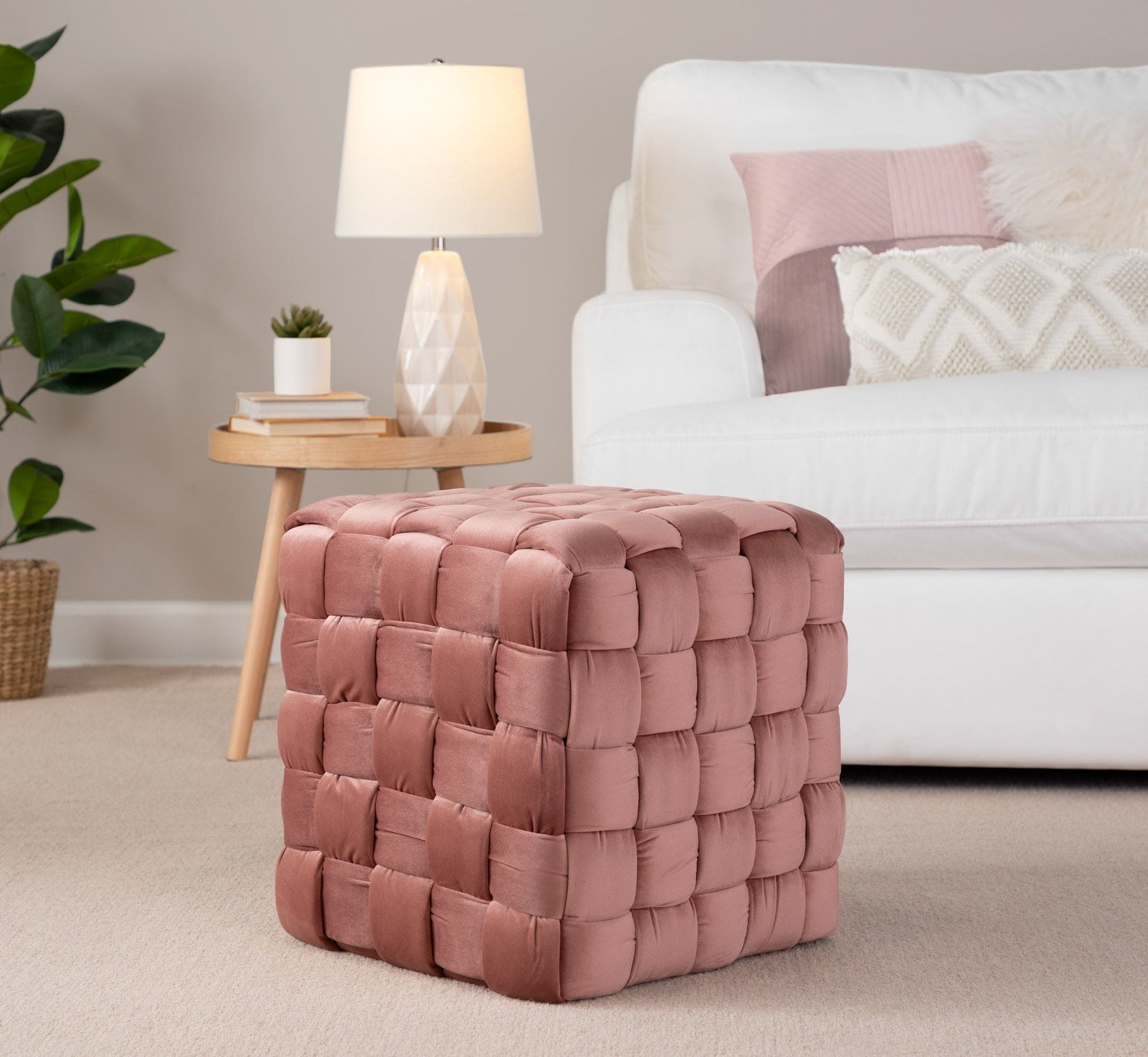 Square Braided 16" Ottoman in Blush Pink Velvet by LumiSource