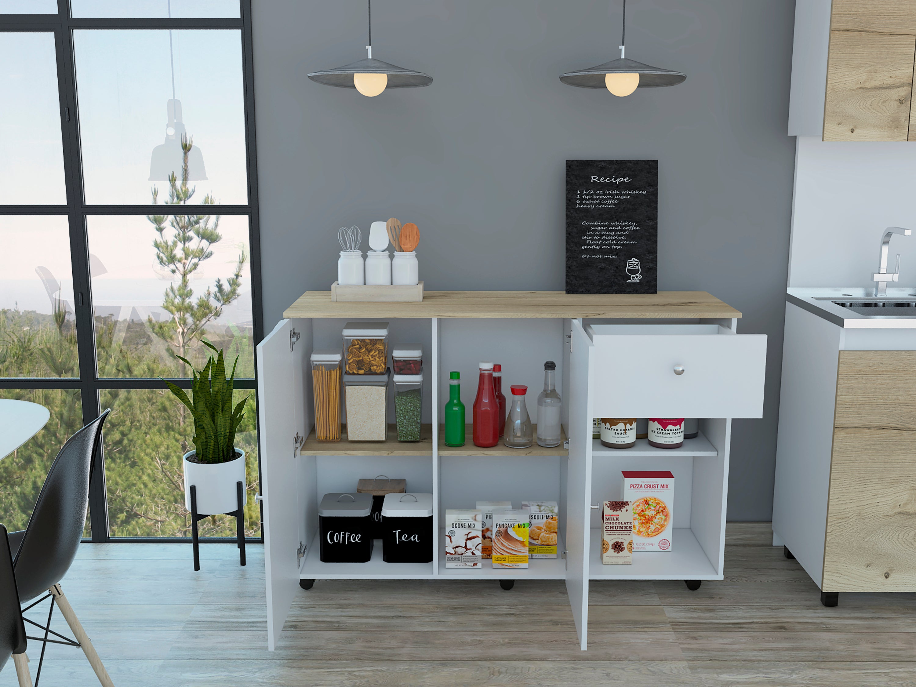 Kitchen Island Cart Victoria, Four Interior Shelves, Six Carters, One Drawer, Double Door Cabinet -White / Light Oak