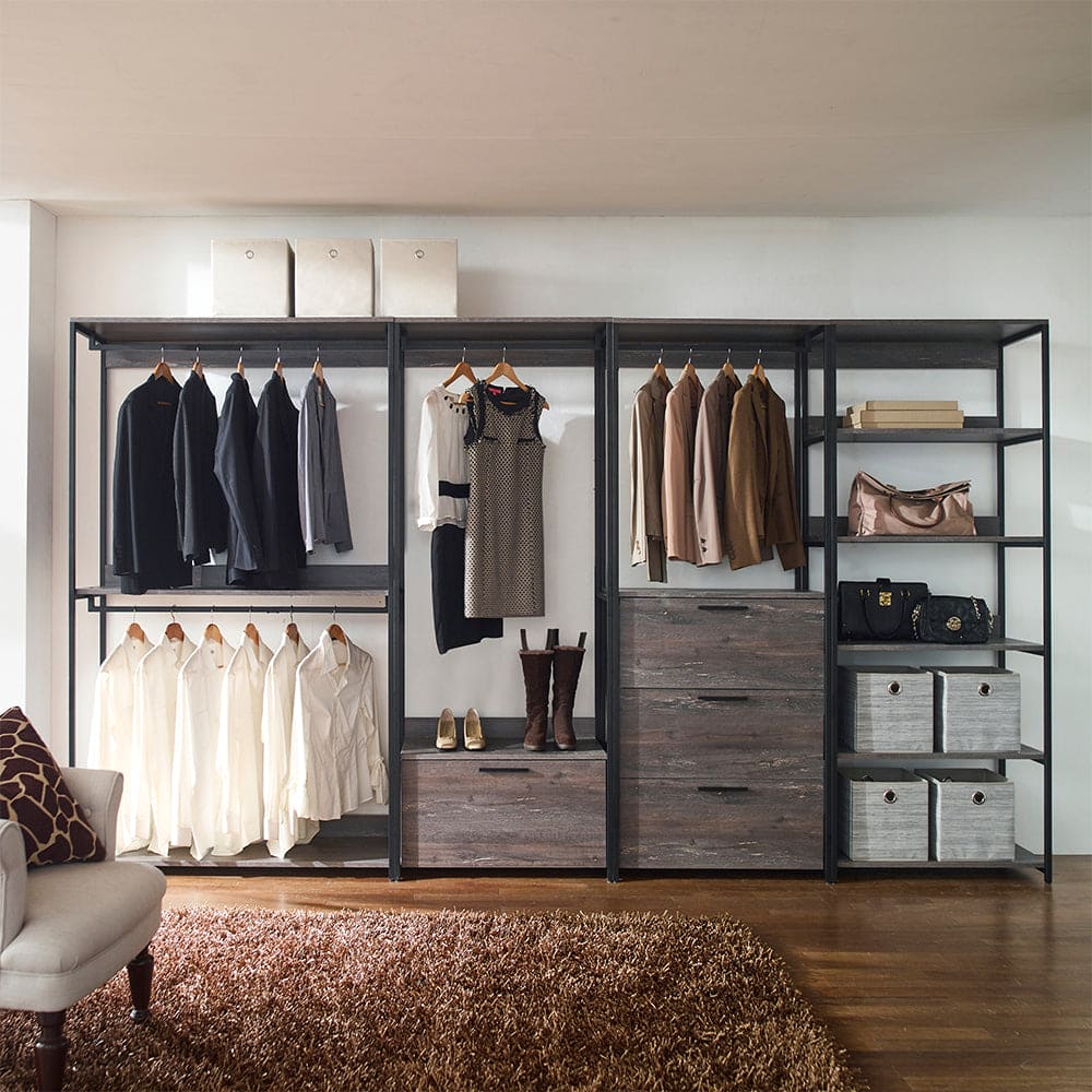 Monica Wood and Metal Walk-in Closet with One Drawer in Rustic Gray