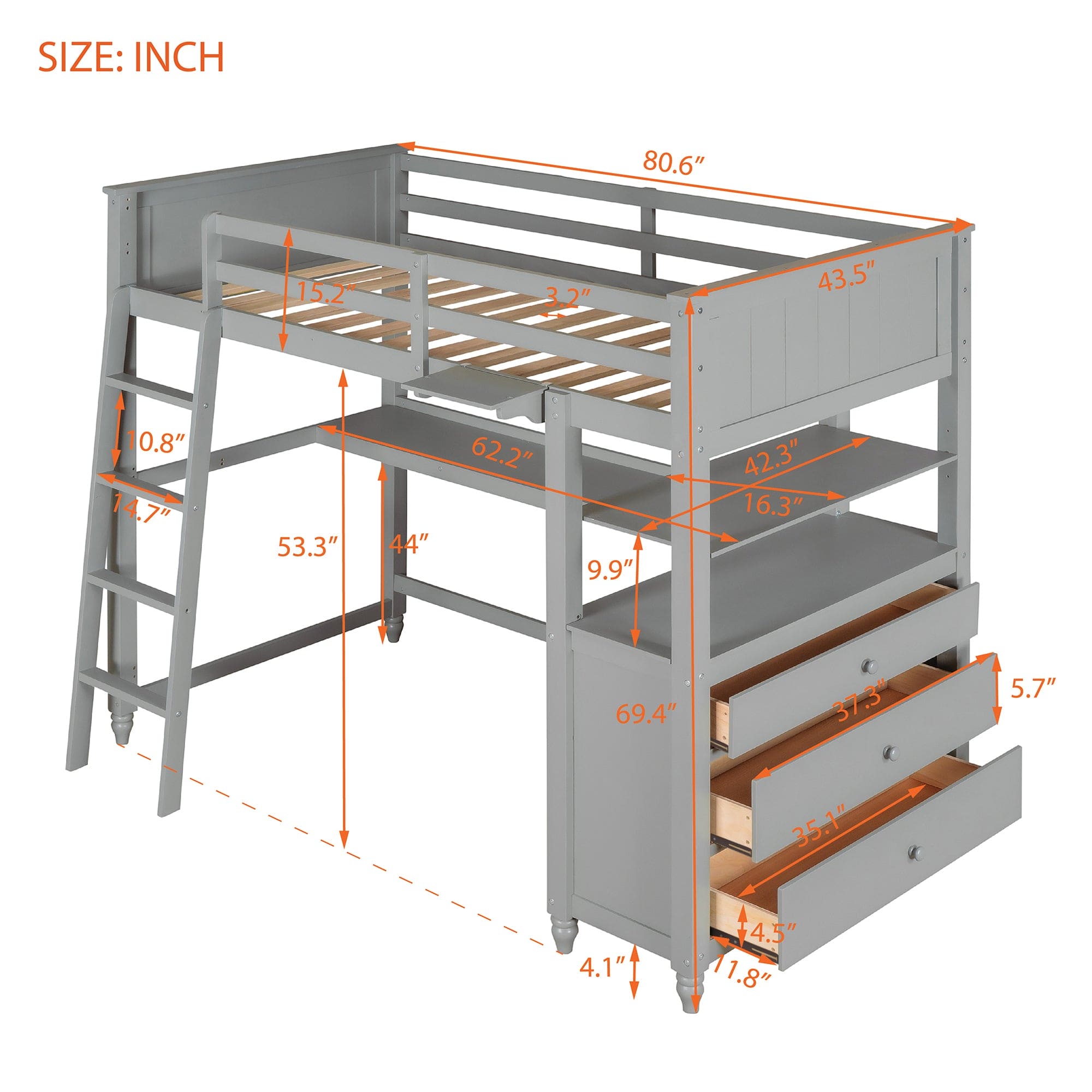 Twin size Loft Bed with Drawers and Desk, Wooden Loft Bed with Shelves - Gray(OLD SKU: LT001530AAE)