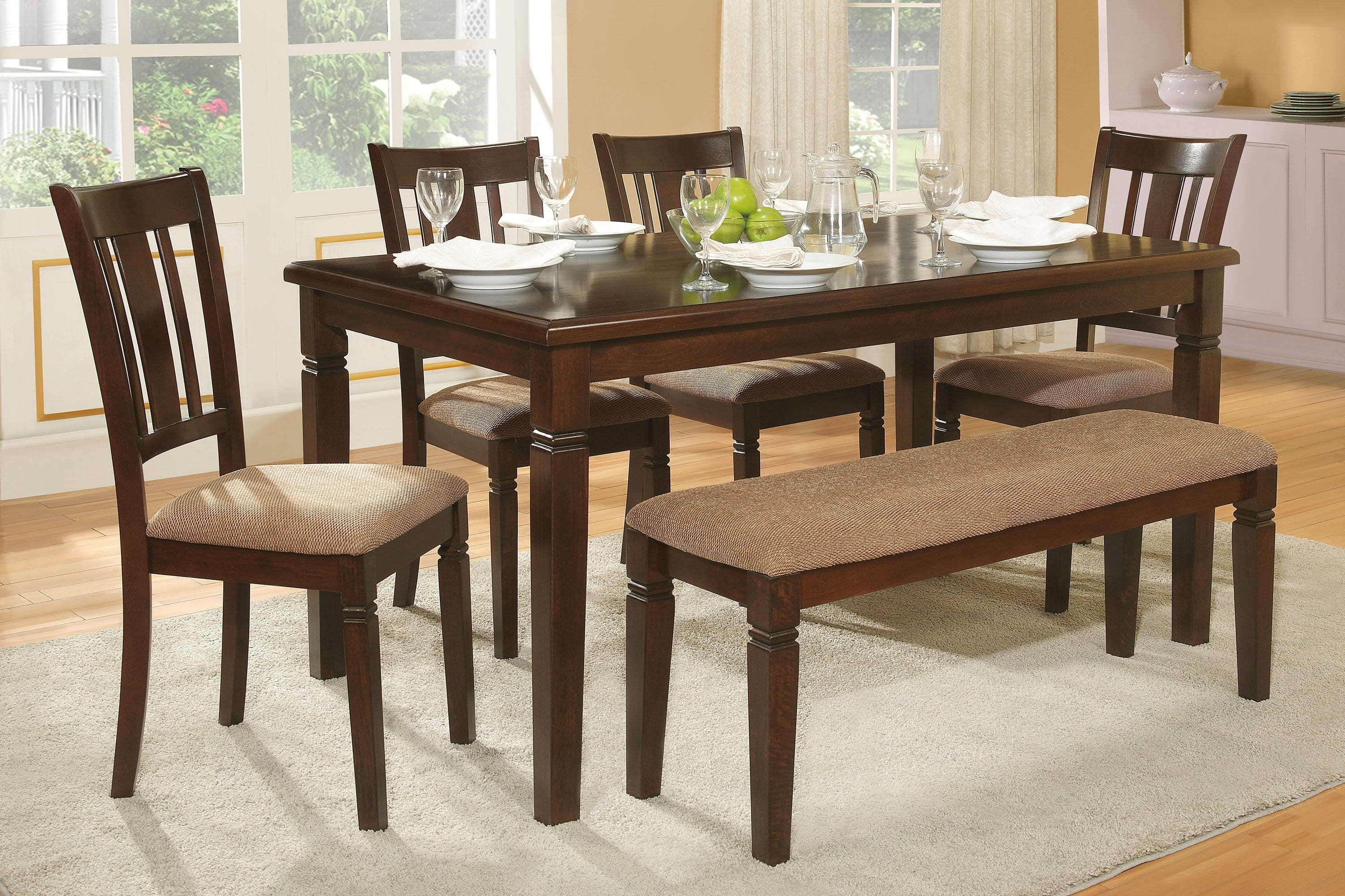 6pc Transitional Style Dining Furniture Set Table with Bench and 4x Side Chairs Fabric Upholstered Seat Espresso Finish Wood