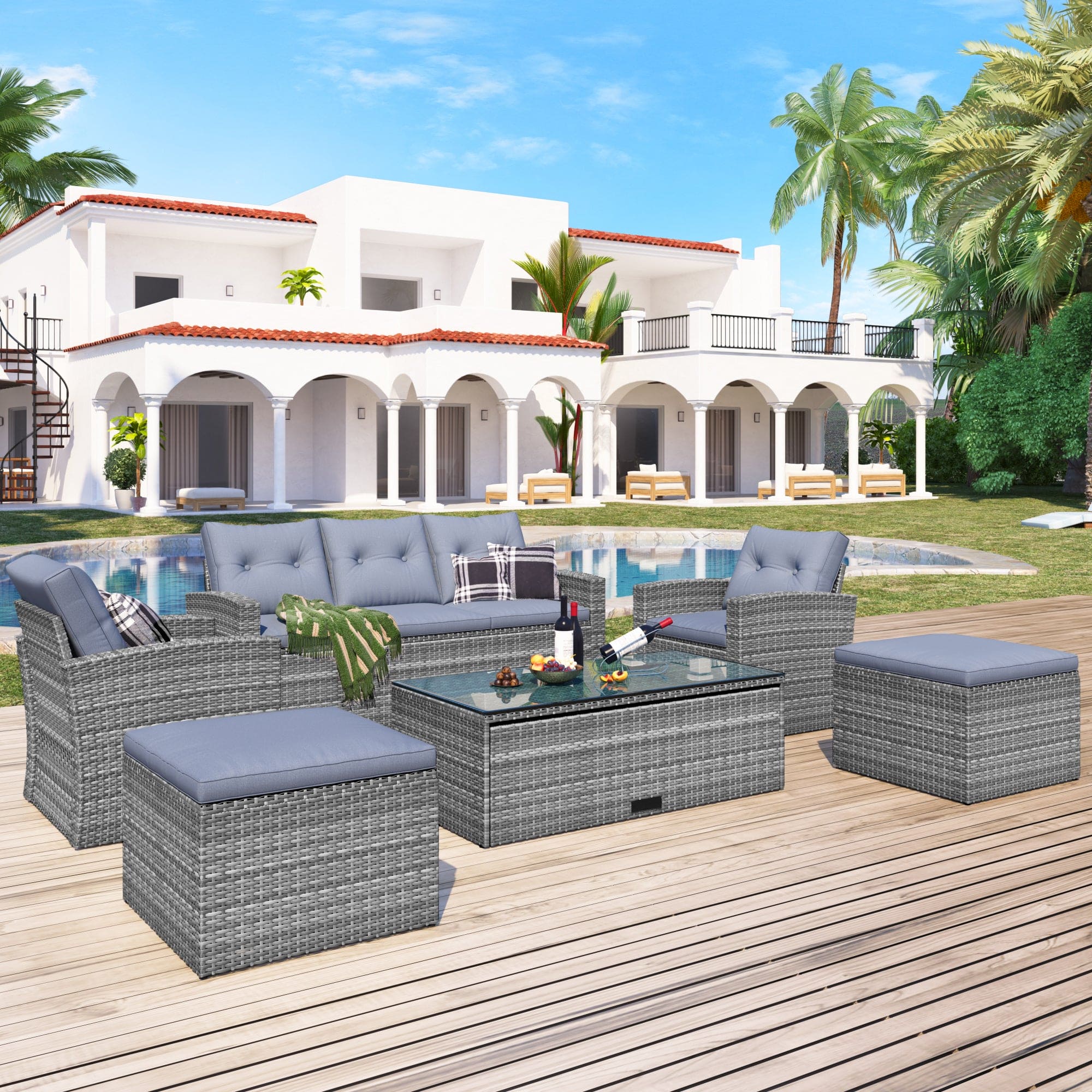 GO 6-piece All-Weather Wicker PE rattan Patio Outdoor Dining Conversation Sectional Set with coffee table, wicker sofas, ottomans,  removable cushions (Dark grey wicker, Light grey cushion)