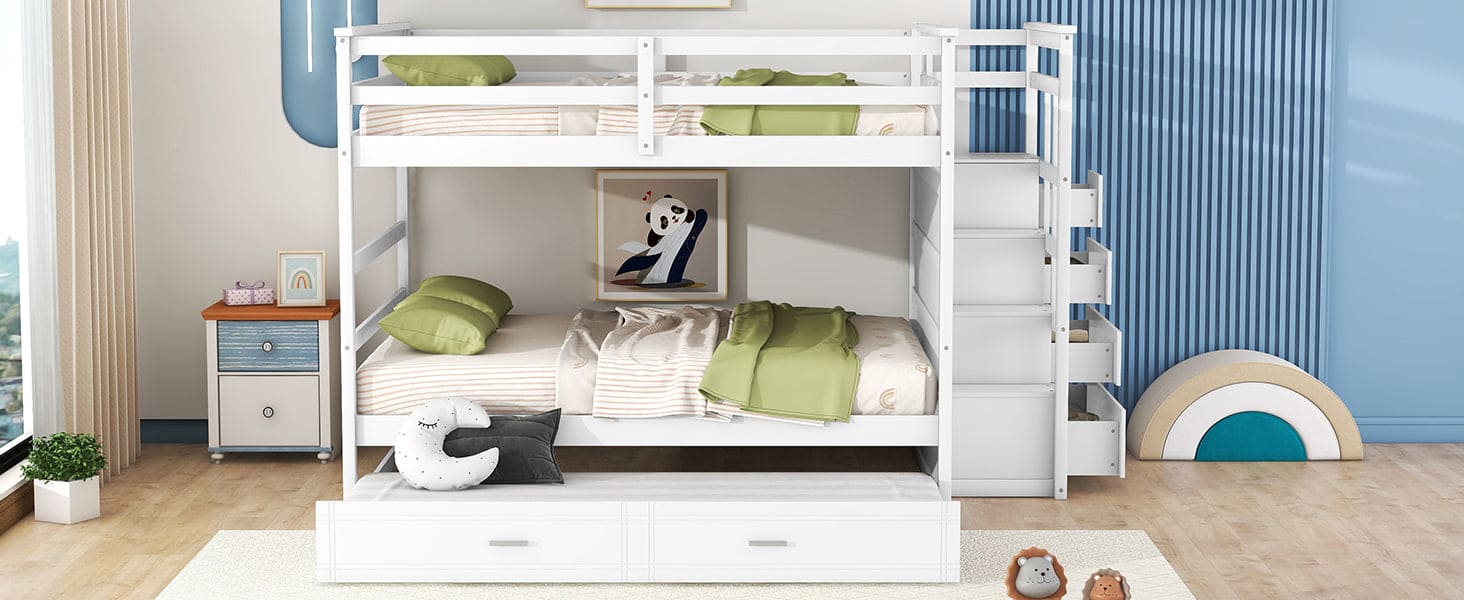 Full Over Full Bunk Bed with Twin Size Trundle and Staircase, White