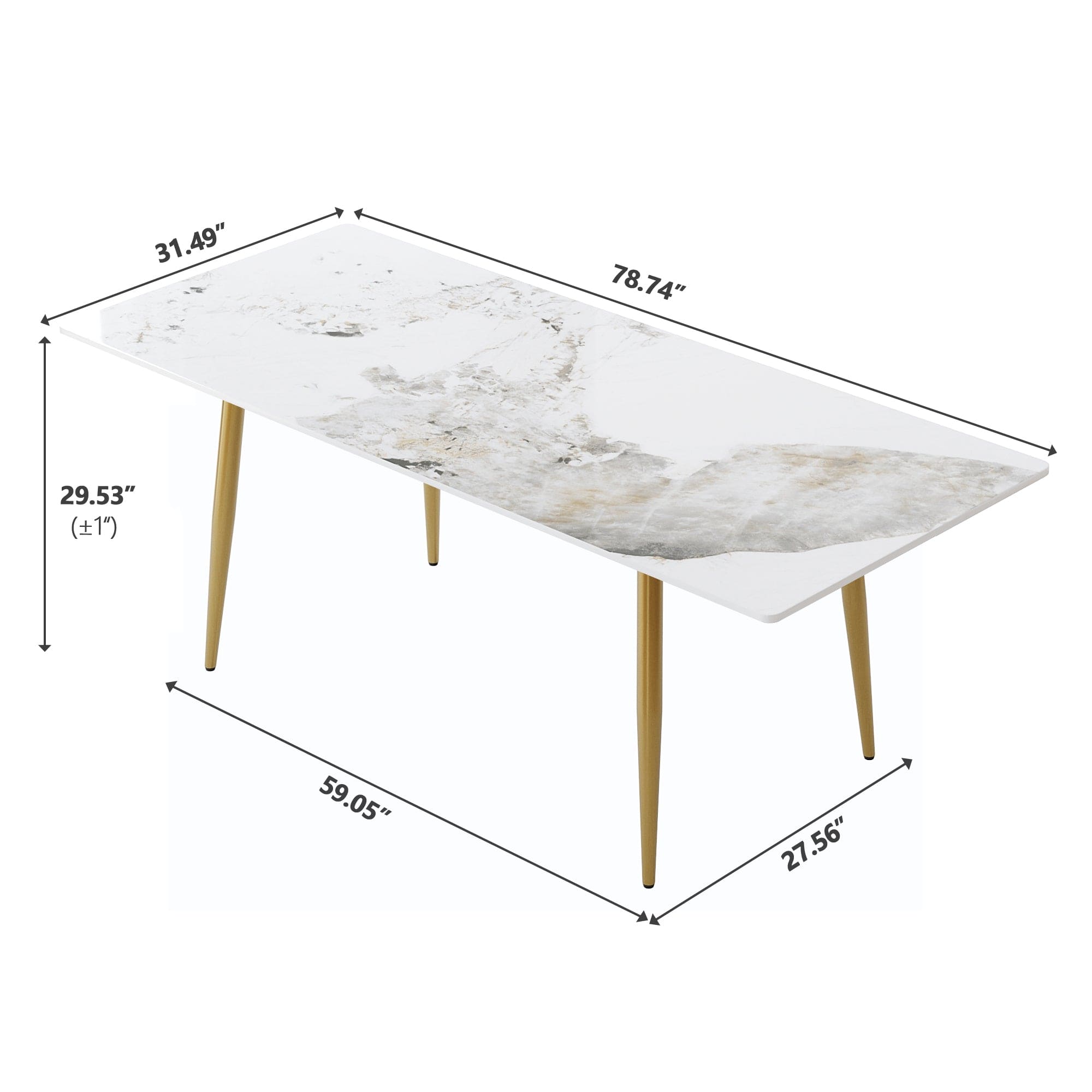 78.74" modern artificial stone pandora white straight edge golden metal leg dining table-can accommodate 8 people