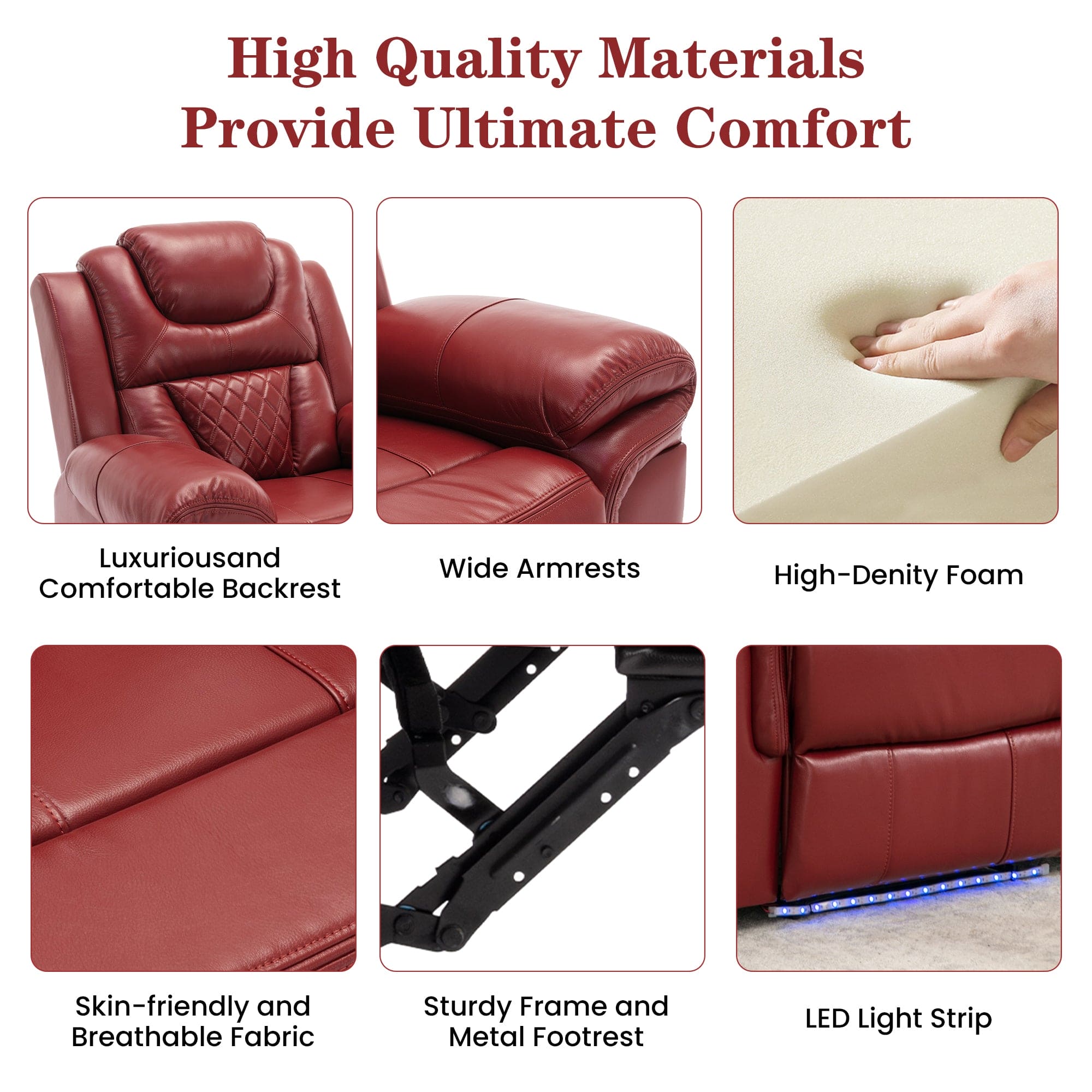 Home Theater Seating Manual Recliner Chair with LED Light Strip for Living Room,Bedroom, Wind Red